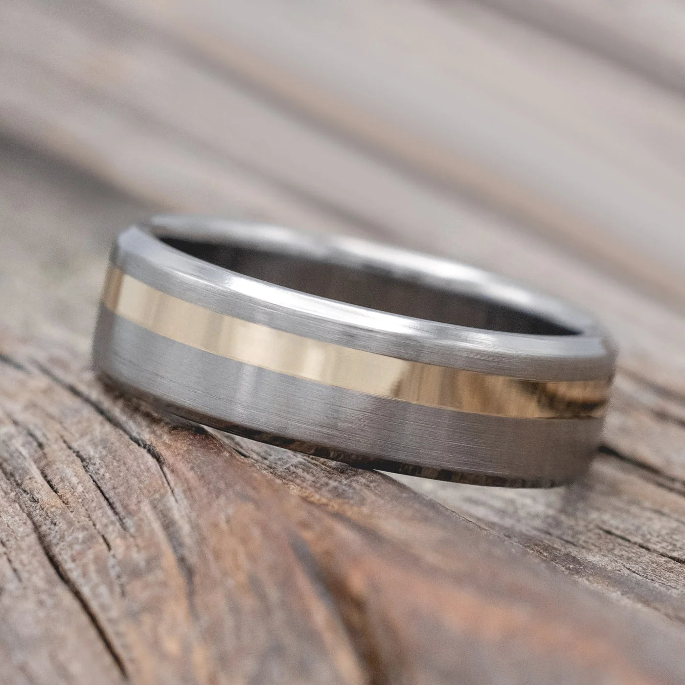 "Vertigo" - 14K Yellow Gold Inlay Wedding Ring Featuring A Brushed Finish - Titanium (6mm) - Size 8 1/2