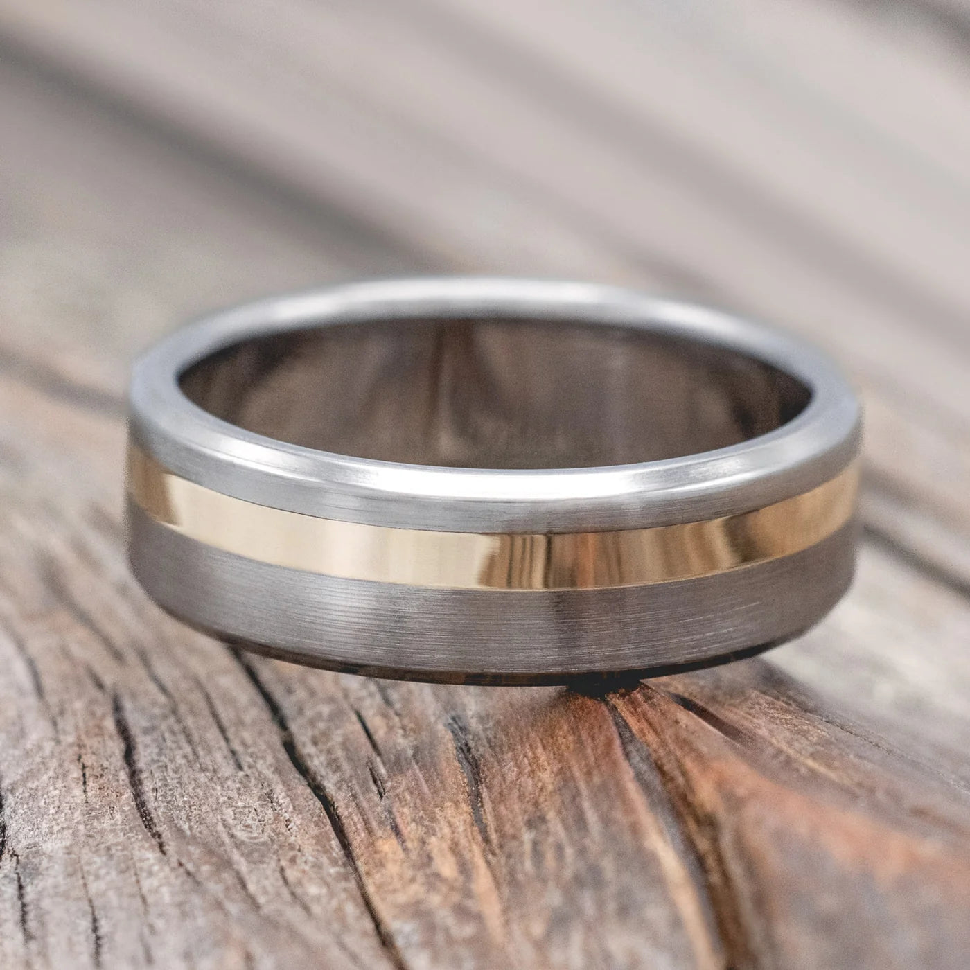 "Vertigo" - 14K Yellow Gold Inlay Wedding Ring Featuring A Brushed Finish - Titanium (6mm) - Size 8 1/2