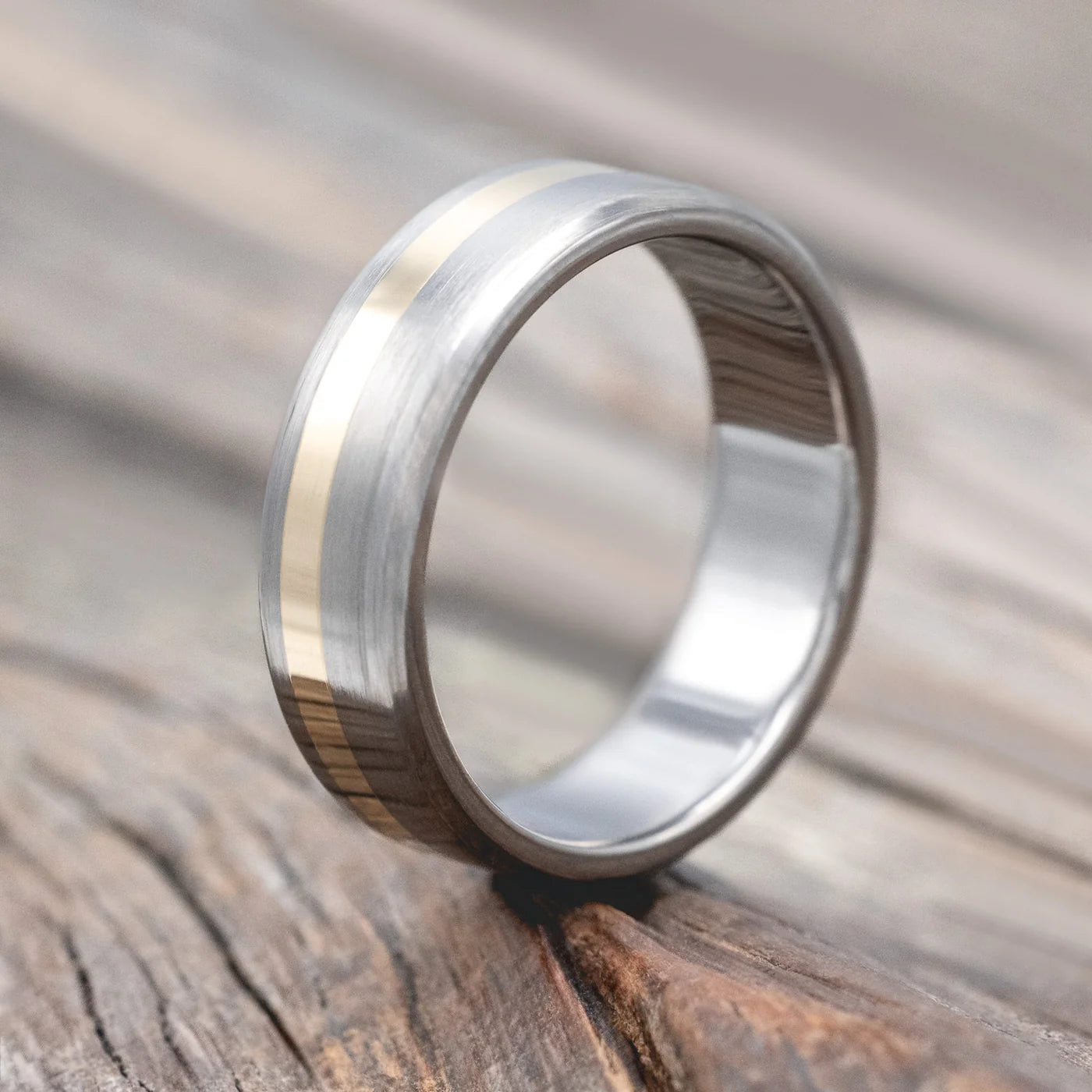 "Vertigo" - 14K Yellow Gold Inlay Wedding Ring Featuring A Brushed Finish - Titanium (6mm) - Size 8 1/2