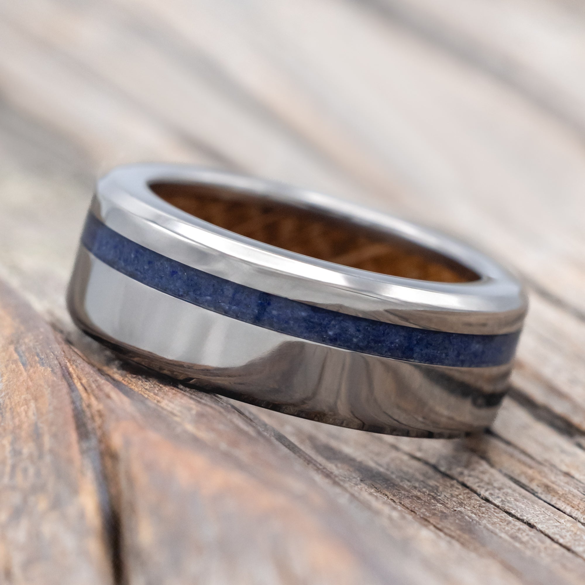 "VERTIGO" - LAPIS LAZULI WEDDING RING FEATURING A WHISKEY BARREL LINED BAND-Staghead Designs
