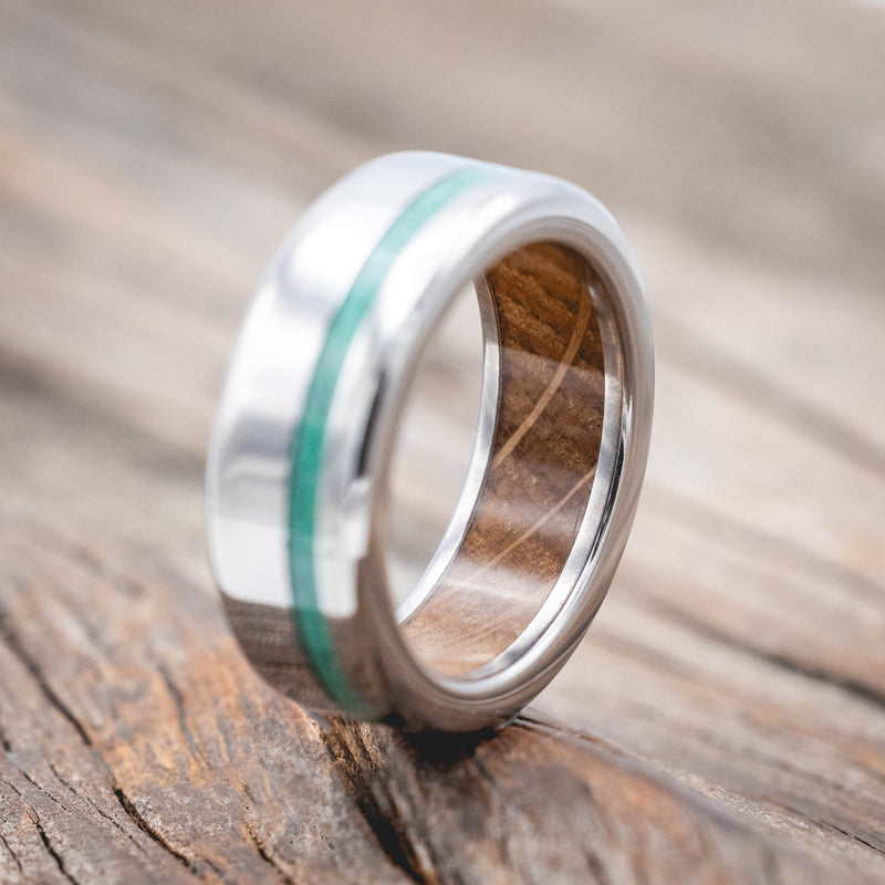 "VERTIGO" - MALACHITE WEDDING RING FEATURING A WHISKEY BARREL LINED BAND