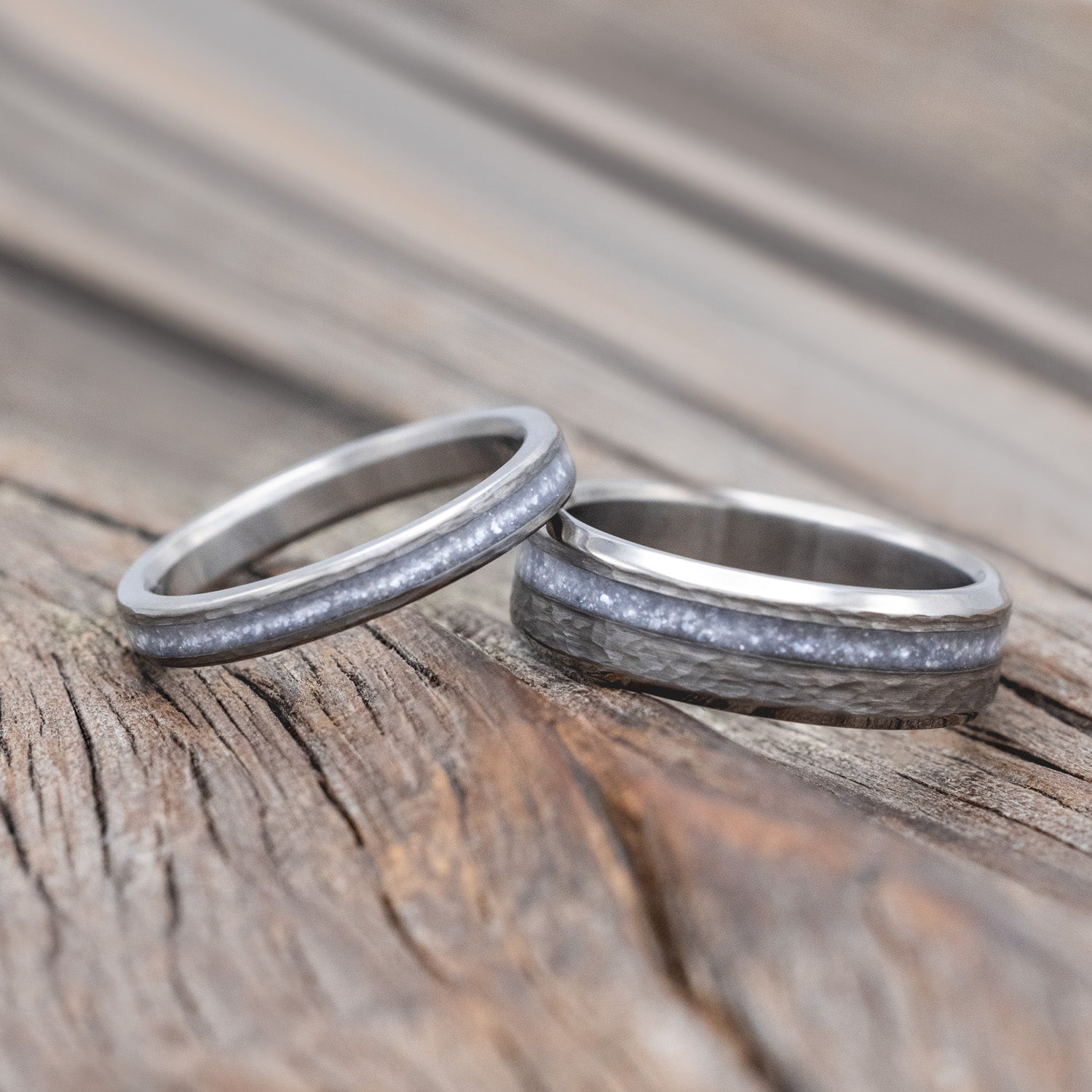 "VERTIGO" - MATCHING SET OF DIAMOND DUST WEDDING BANDS WITH HAMMERED FINISH-Staghead Designs