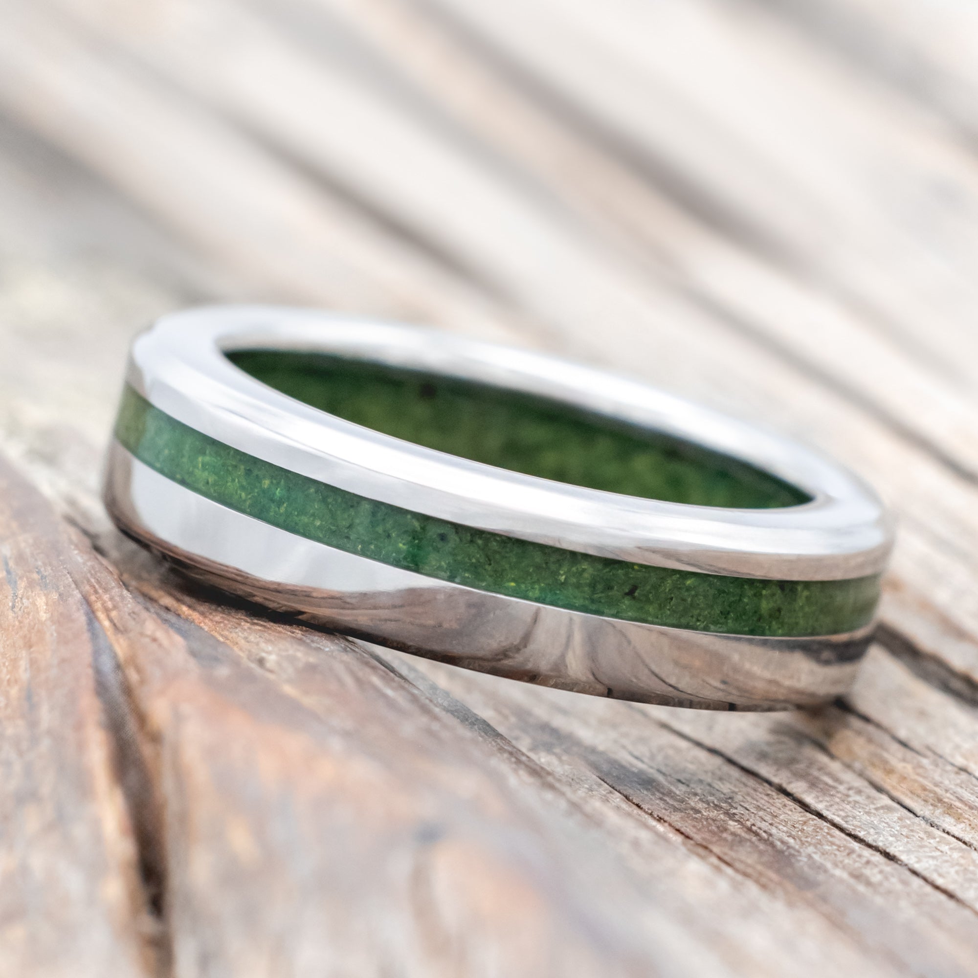 "VERTIGO" - MATCHING SET OF MOSS INLAY & LINING WEDDING BANDS-Staghead Designs