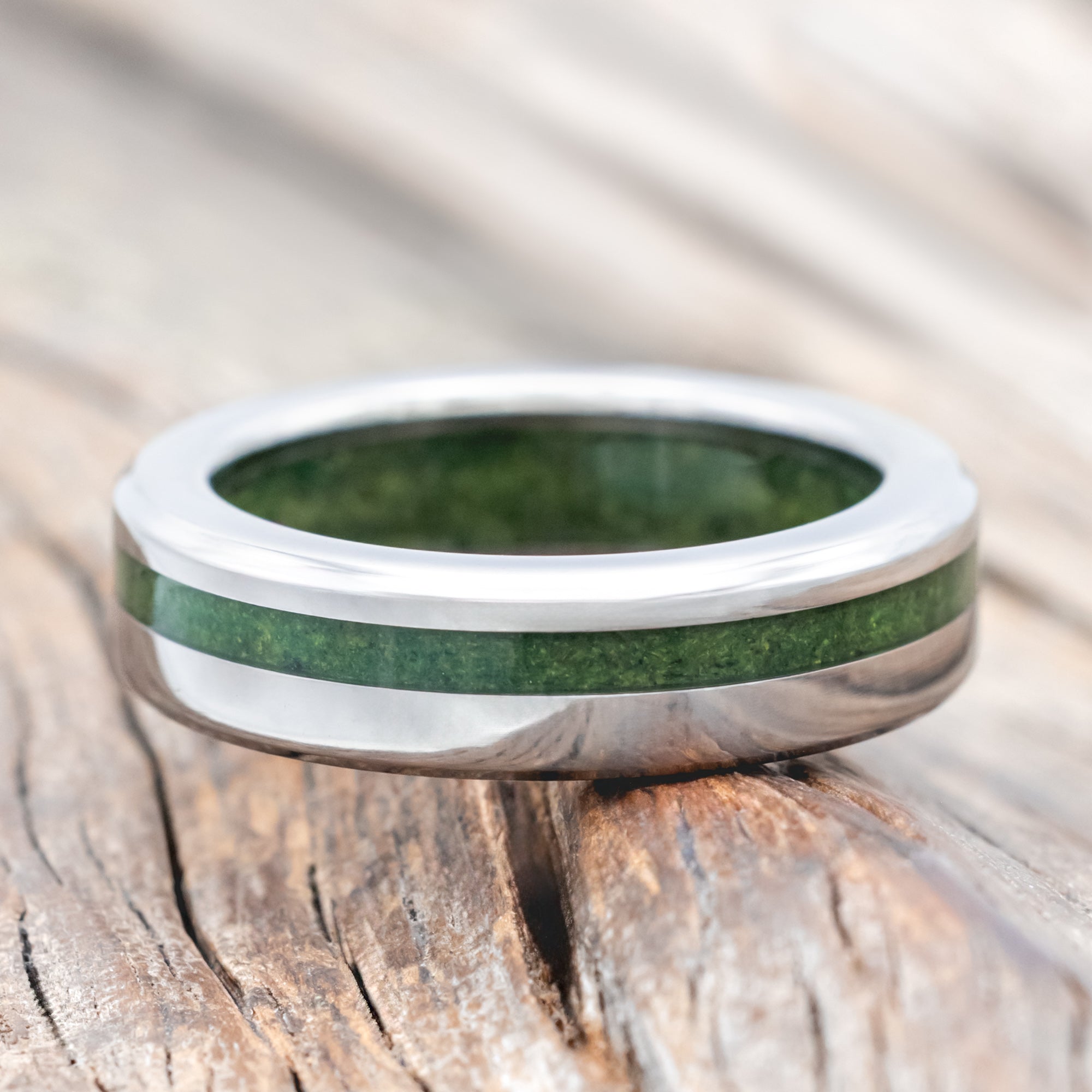 "VERTIGO" - MATCHING SET OF MOSS INLAY & LINING WEDDING BANDS-Staghead Designs