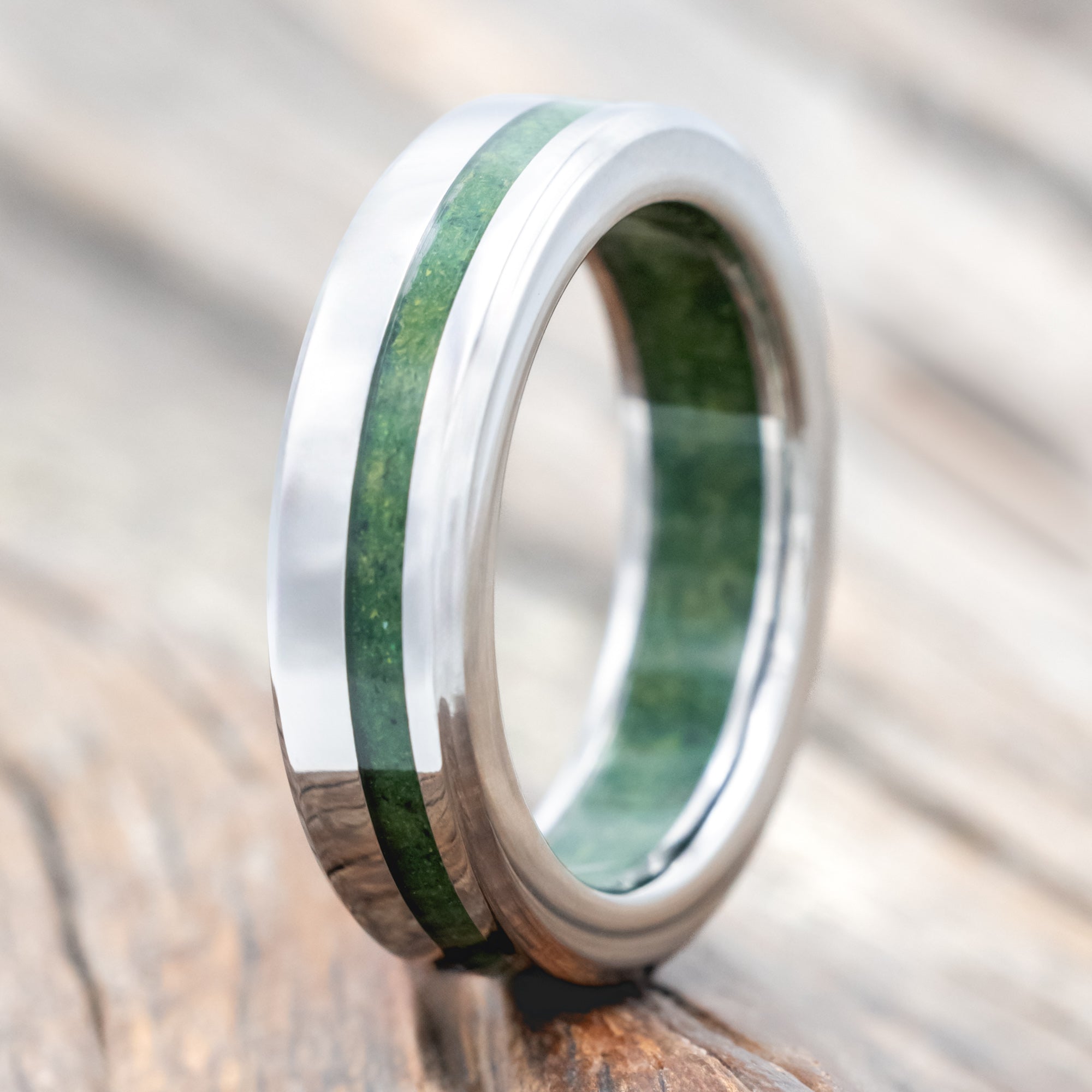 "VERTIGO" - MATCHING SET OF MOSS INLAY & LINING WEDDING BANDS-Staghead Designs