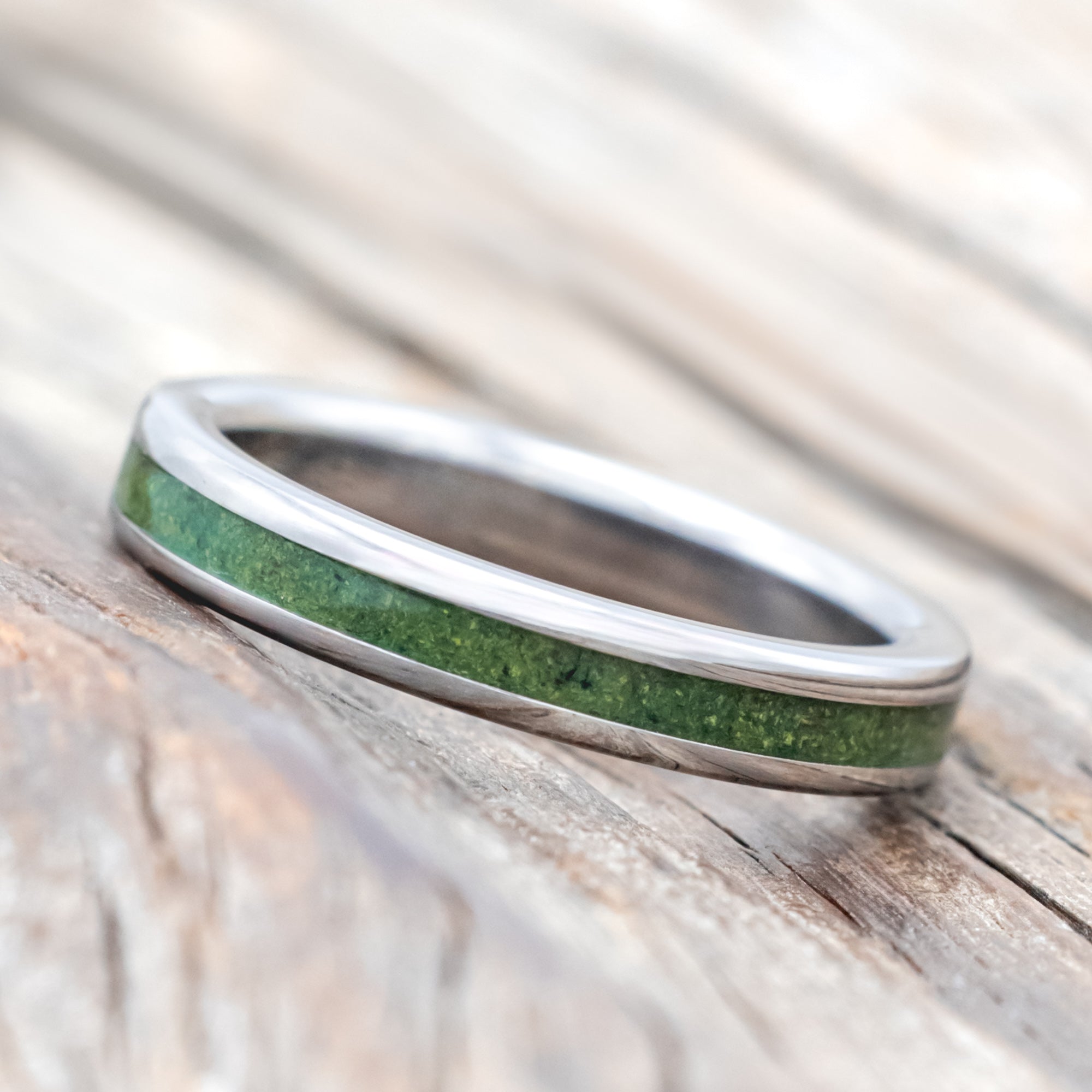 "VERTIGO" - MATCHING SET OF MOSS INLAY & LINING WEDDING BANDS-Staghead Designs
