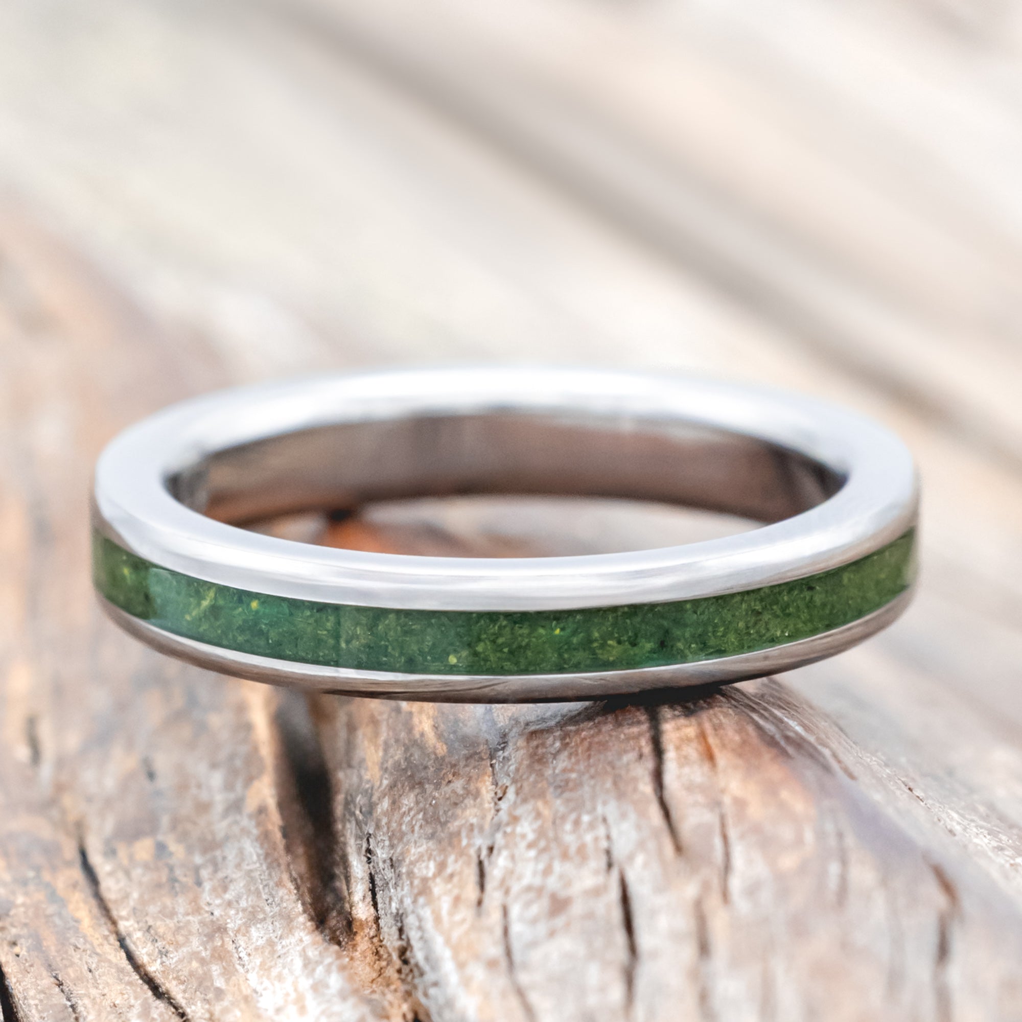 "VERTIGO" - MATCHING SET OF MOSS INLAY & LINING WEDDING BANDS-Staghead Designs