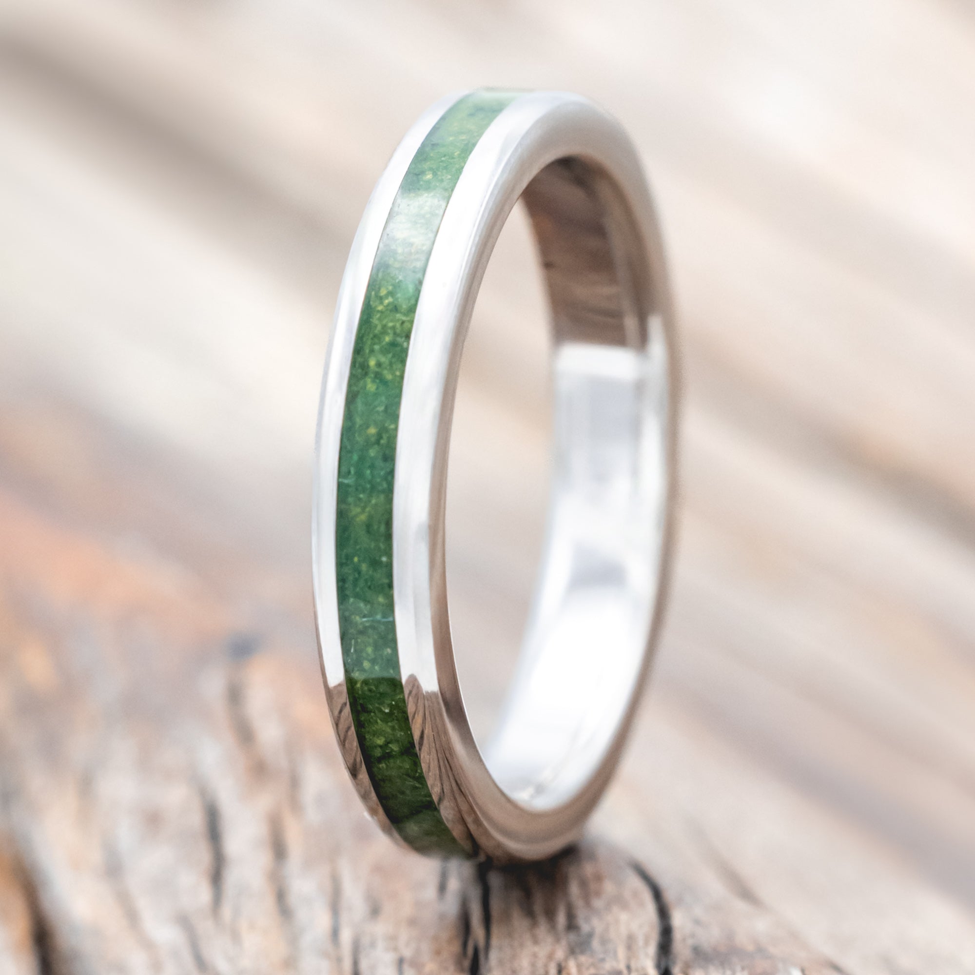 "VERTIGO" - MATCHING SET OF MOSS INLAY & LINING WEDDING BANDS-Staghead Designs
