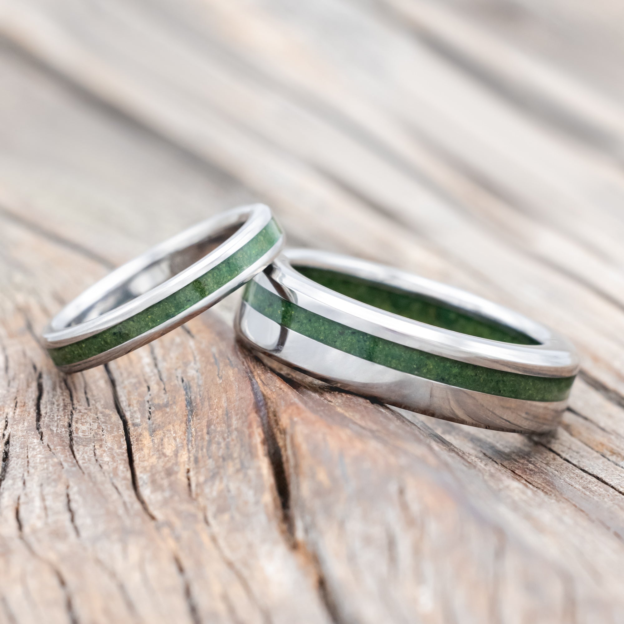 "VERTIGO" - MATCHING SET OF MOSS INLAY & LINING WEDDING BANDS-Staghead Designs