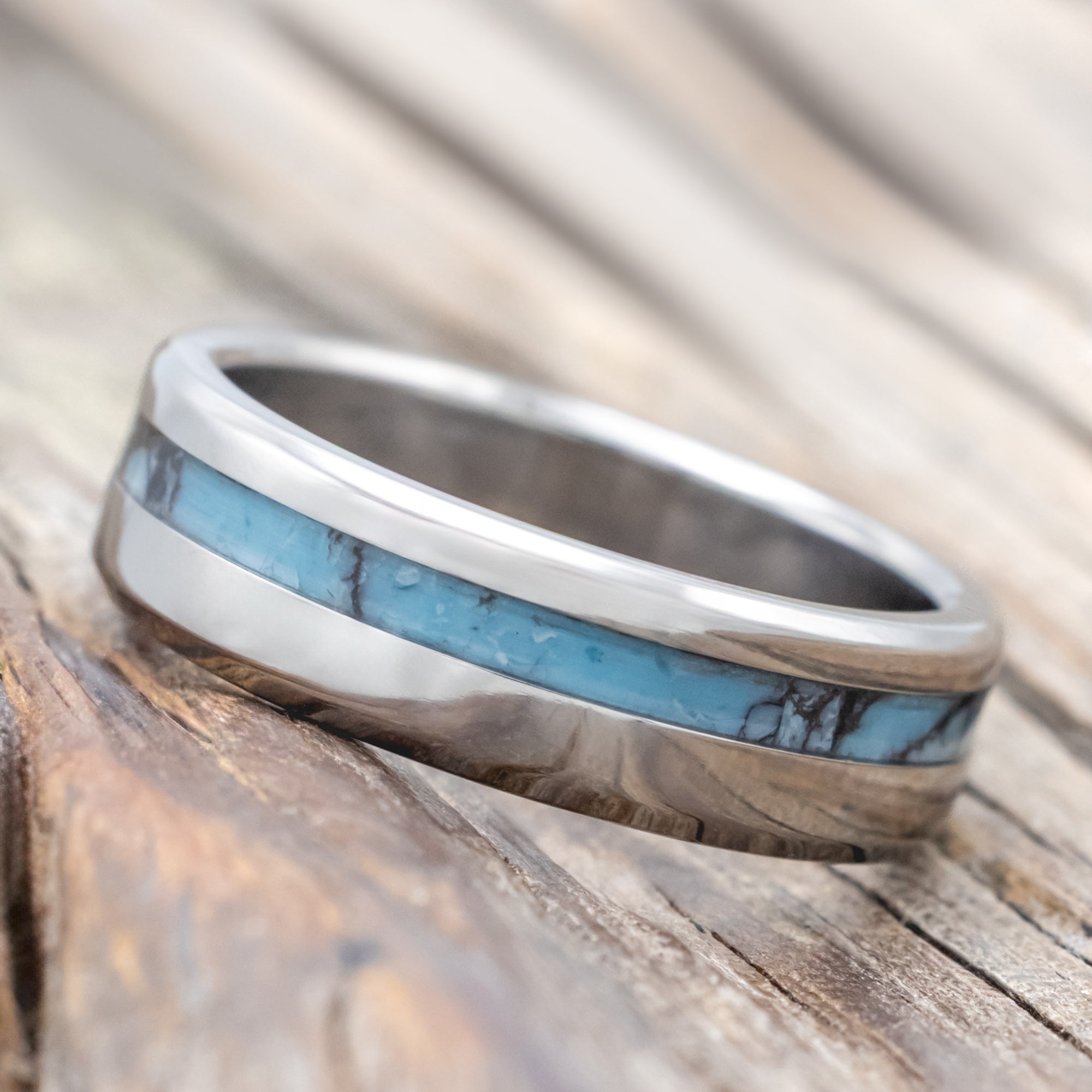 "VERTIGO" - TURQUOISE & BLACK MATRIX TRUSTONE INLAY WEDDING BAND-Staghead Designs