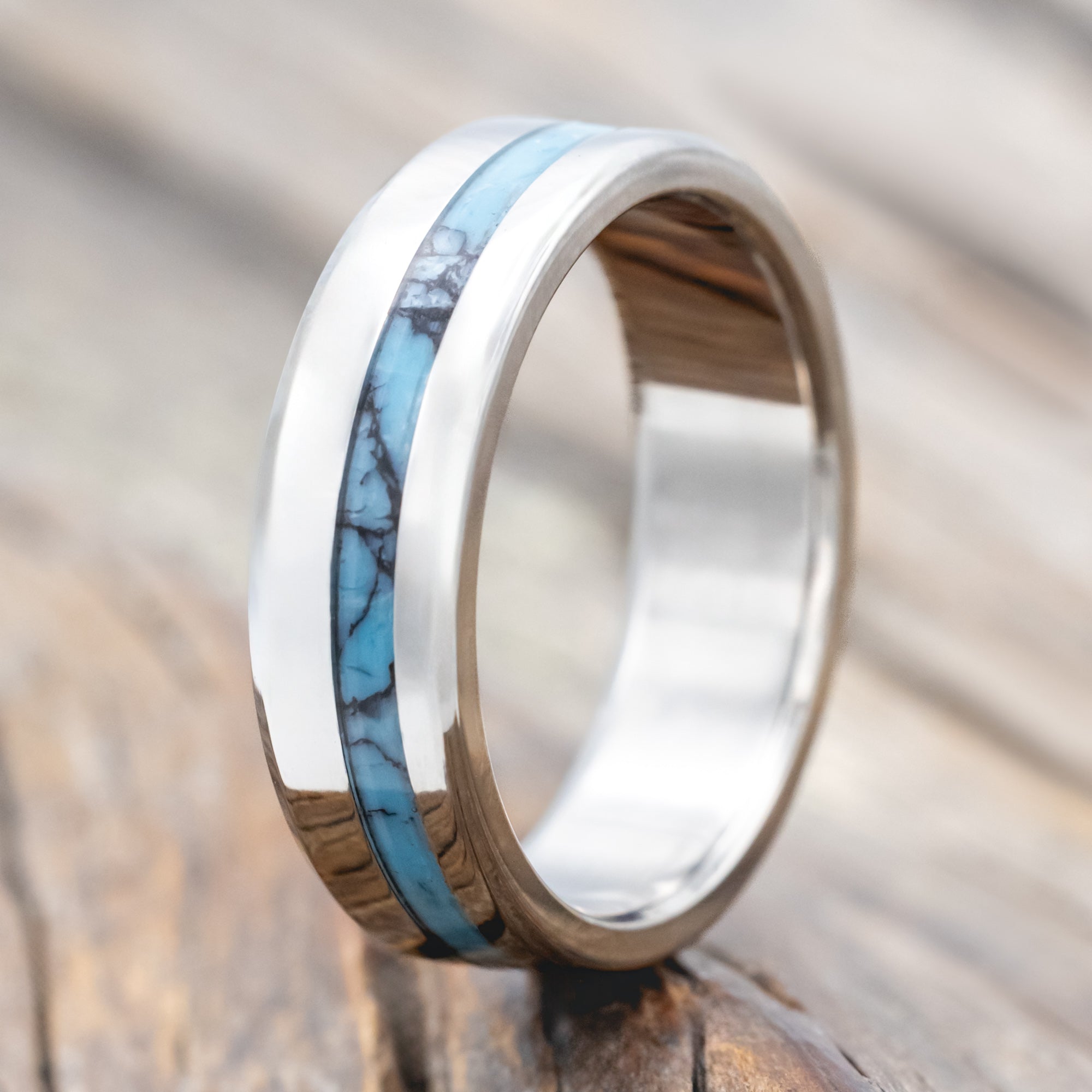 "VERTIGO" - TURQUOISE & BLACK MATRIX TRUSTONE INLAY WEDDING BAND-Staghead Designs