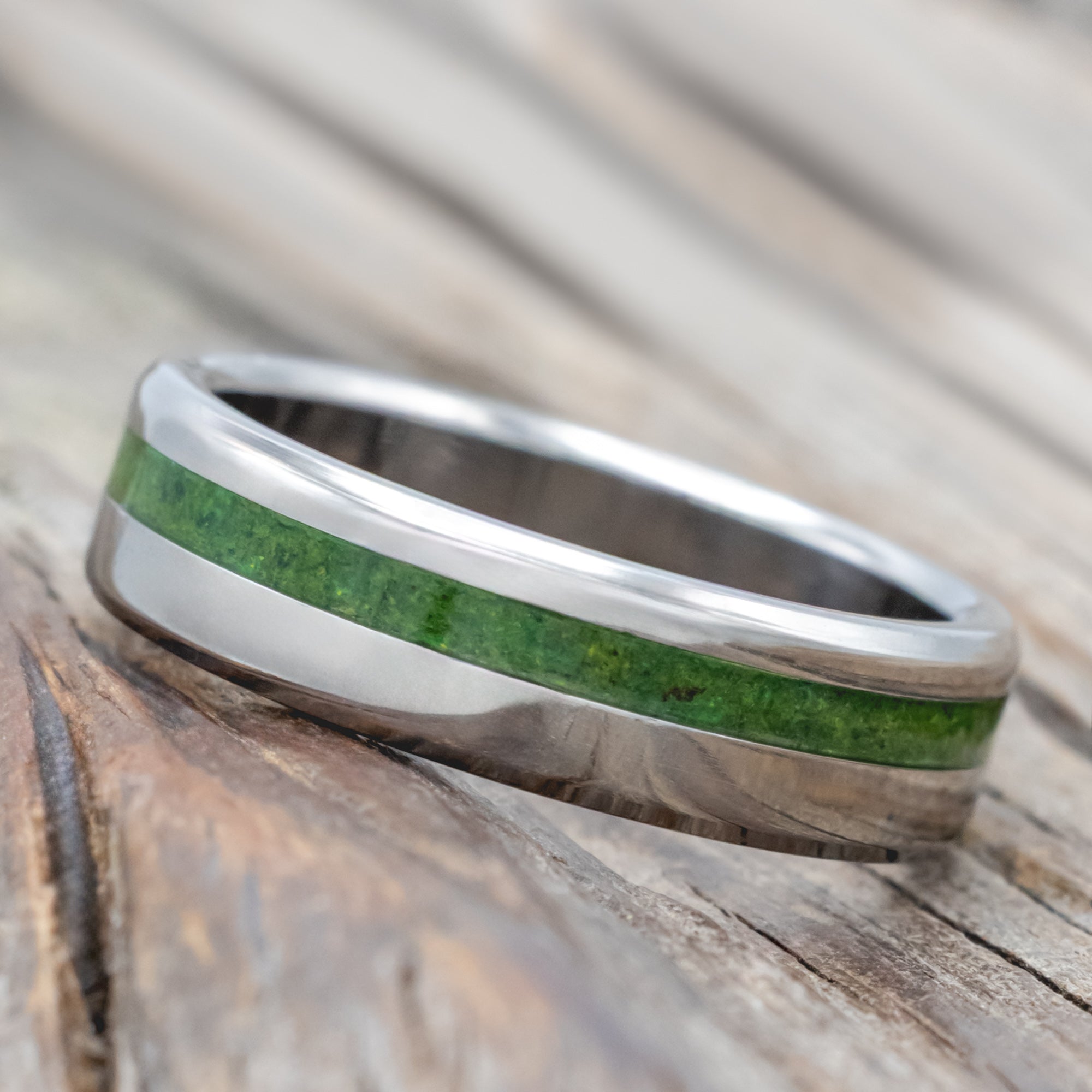 "Vertigo" - Natural Moss Inlay Wedding Band With Custom Finish-Staghead Designs