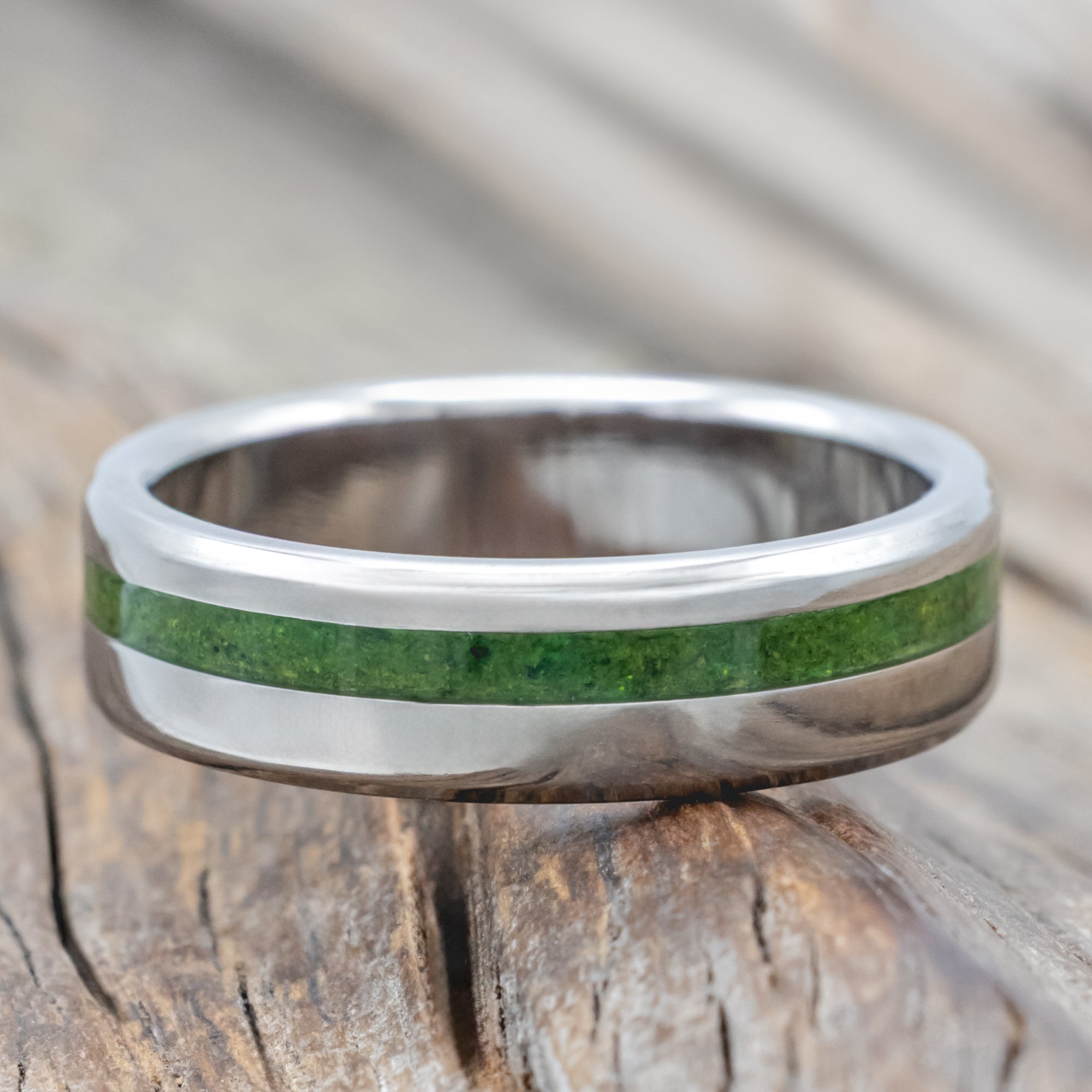 "Vertigo" - Natural Moss Inlay Wedding Band With Custom Finish-Staghead Designs