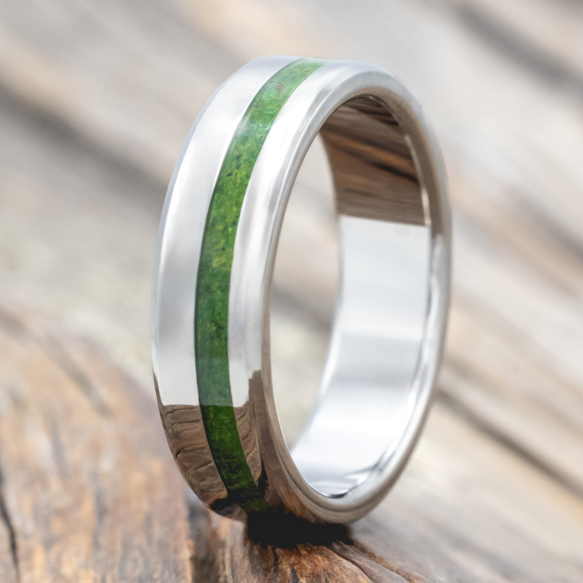 "Vertigo" - Natural Moss Inlay Wedding Band With Custom Finish-Staghead Designs
