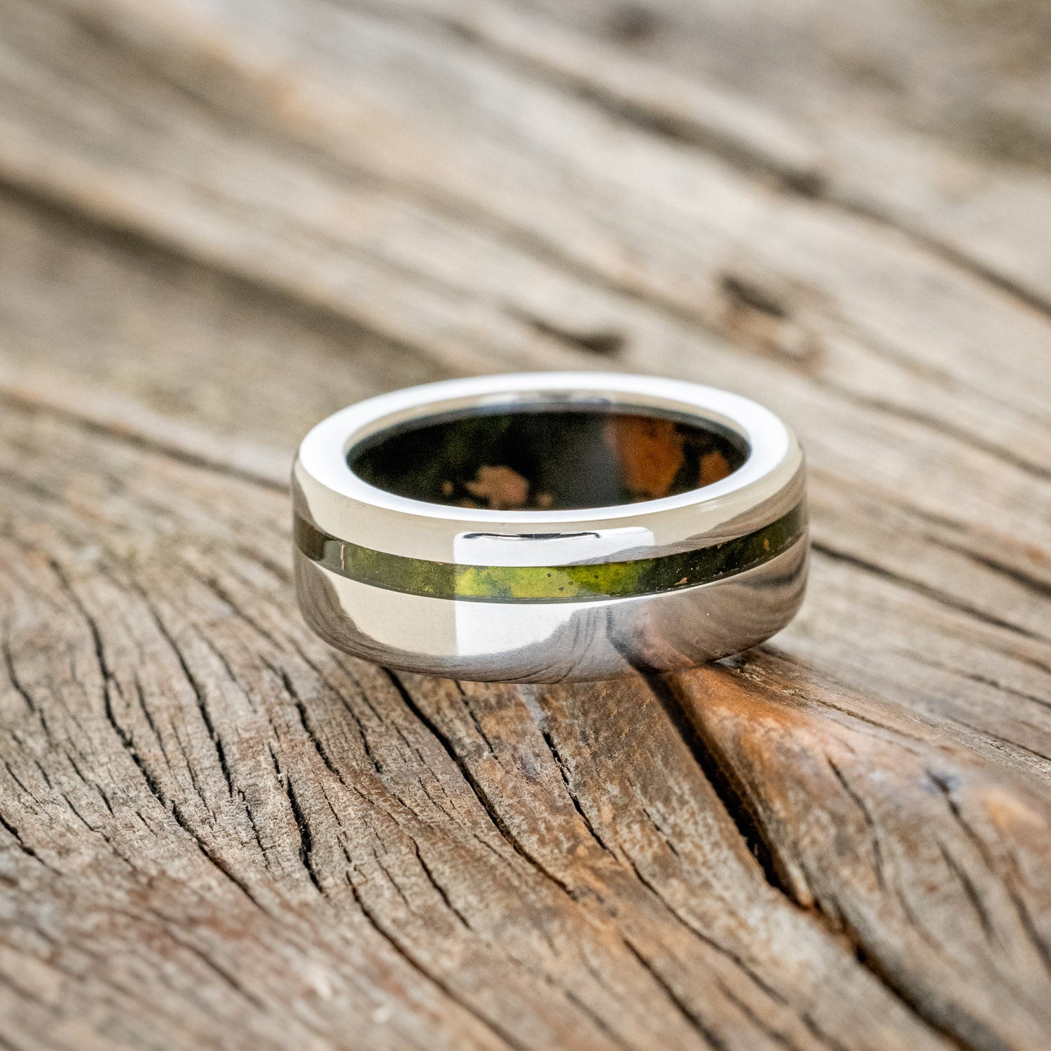 "VERTIGO" - MOSSY PATINA COPPER INLAY & LINING WEDDING RING-6