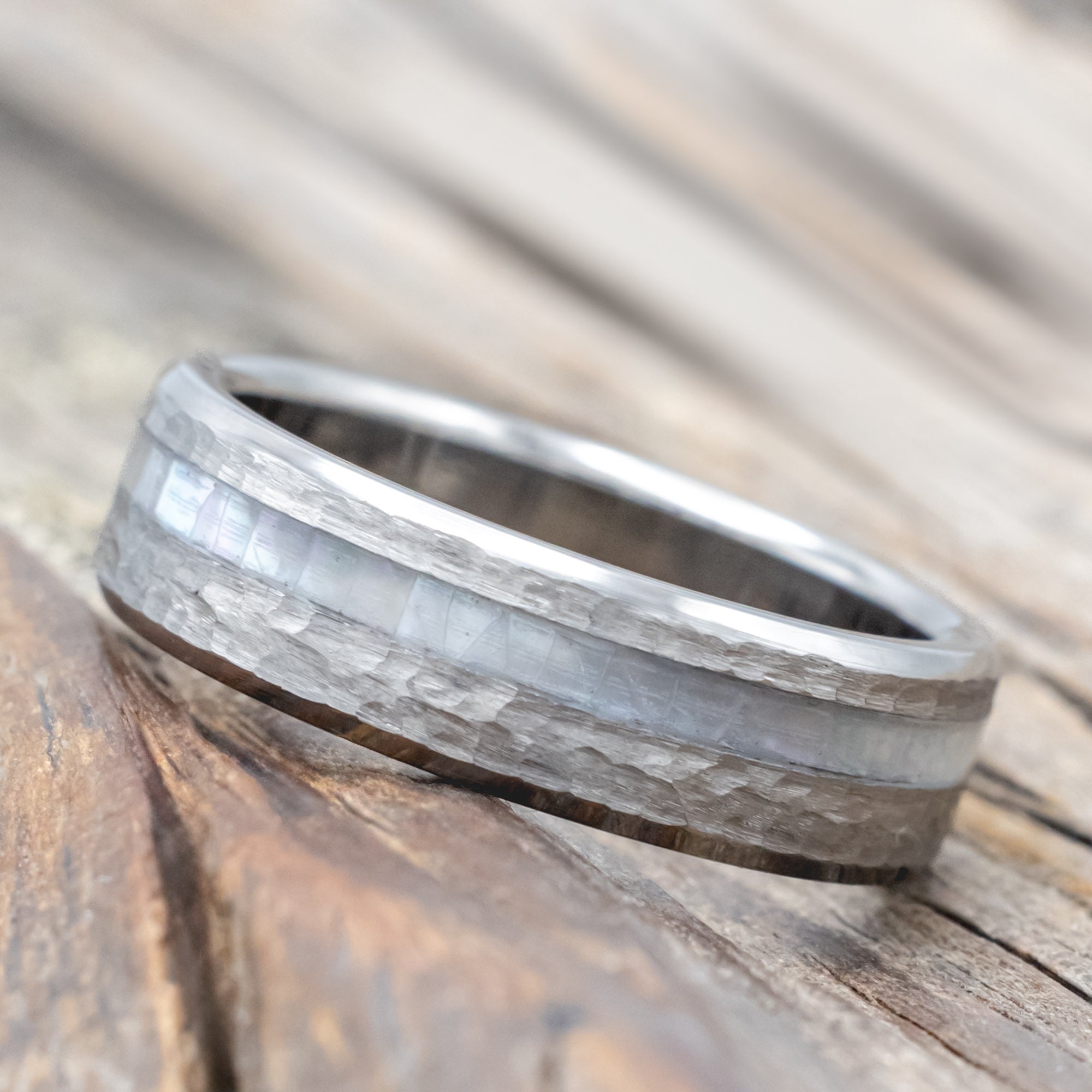 "Vertigo" - Mother Of Pearl Inlay Wedding Band With Custom Finish-Staghead Designs