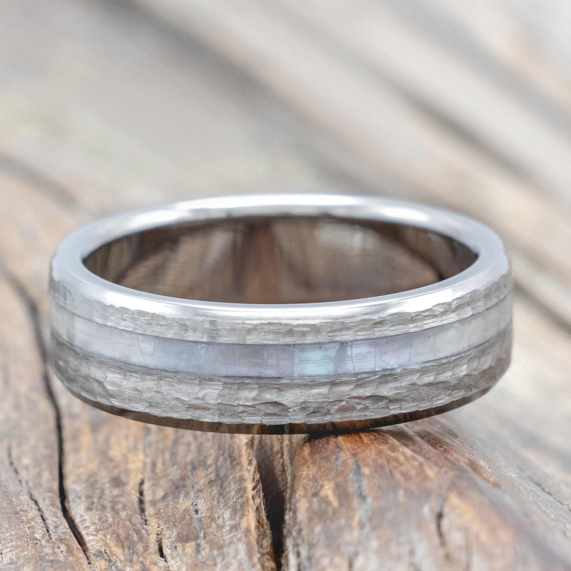 "Vertigo" - Mother Of Pearl Inlay Wedding Band With Custom Finish-Staghead Designs