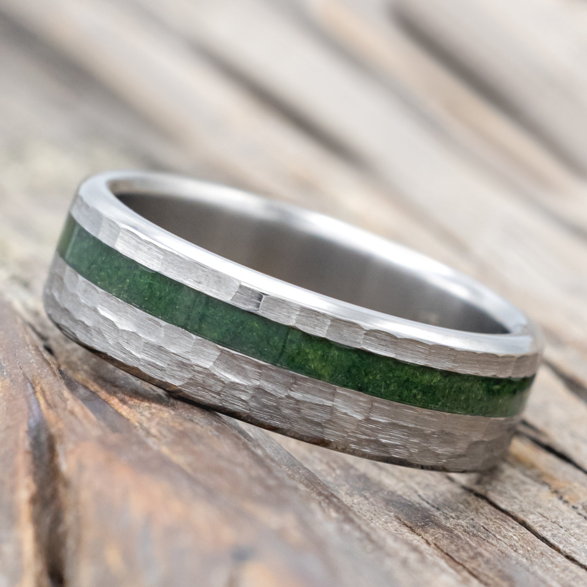 "Vertigo" - Natural Moss Inlay Wedding Band With Custom Finish