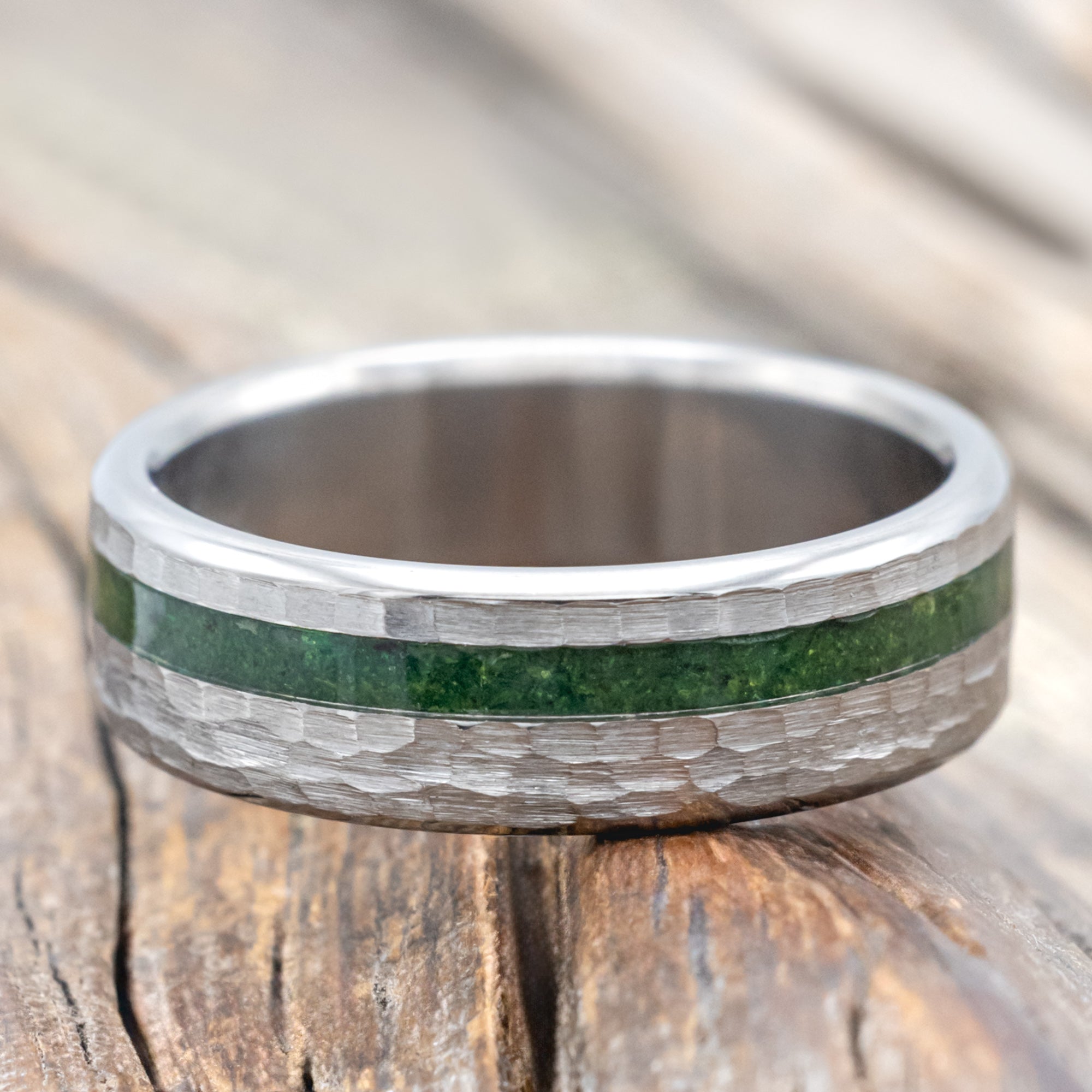 "Vertigo" - Natural Moss Inlay Wedding Band With Custom Finish