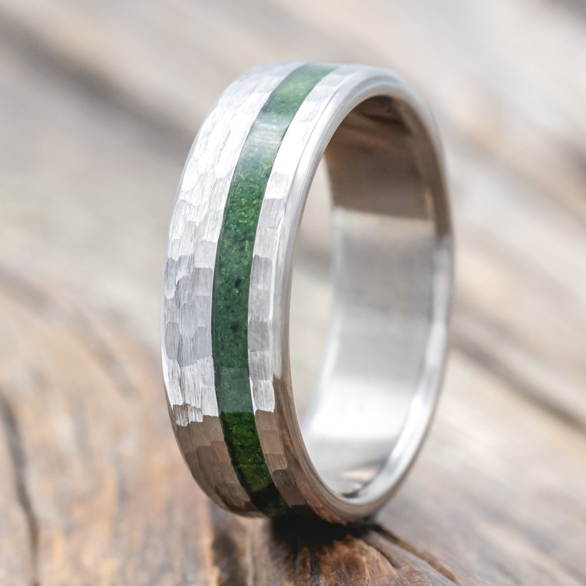 "Vertigo" - Natural Moss Inlay Wedding Band With Custom Finish