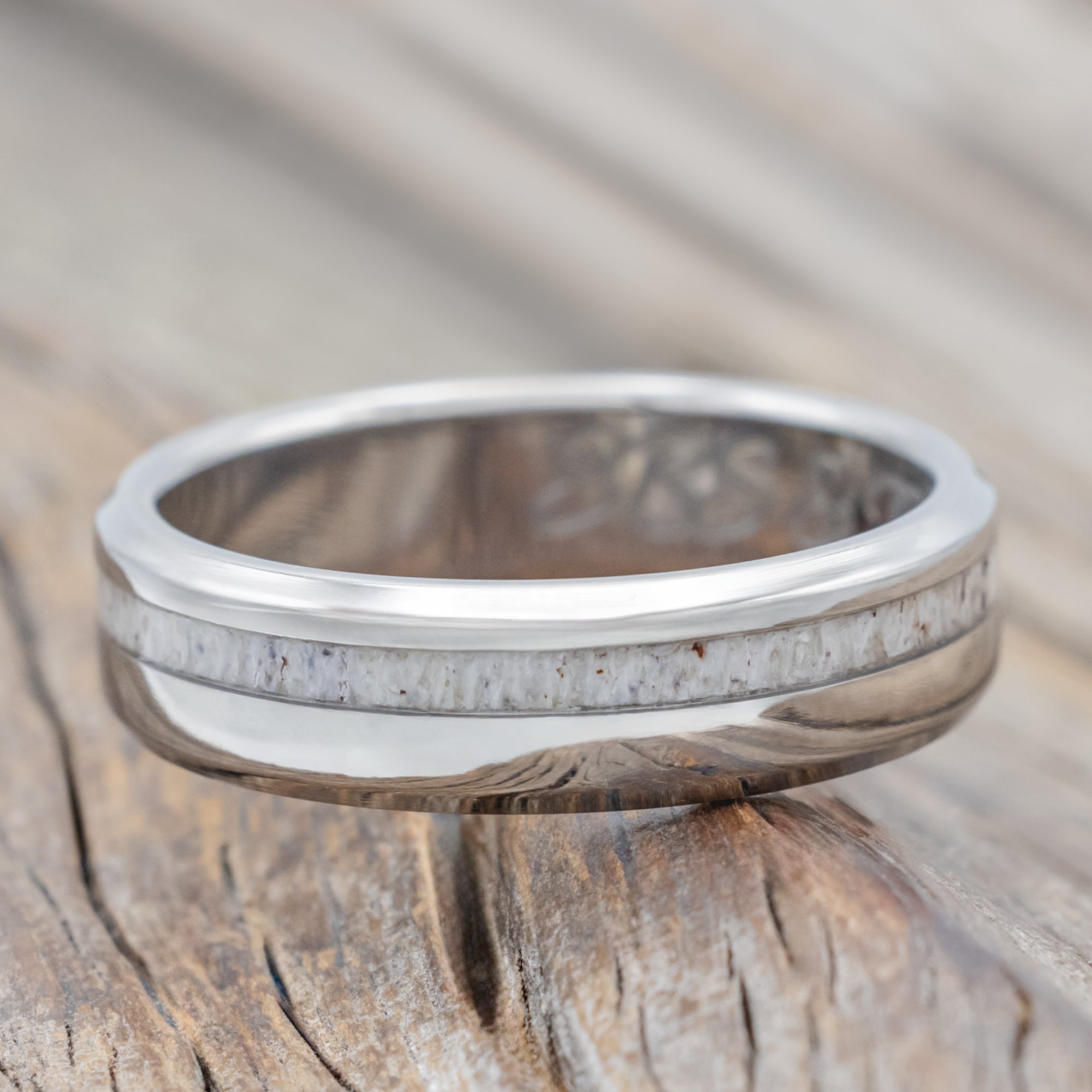"Vertigo" - Offset Elk Antler Wedding Ring With Custom Finish-Staghead Designs