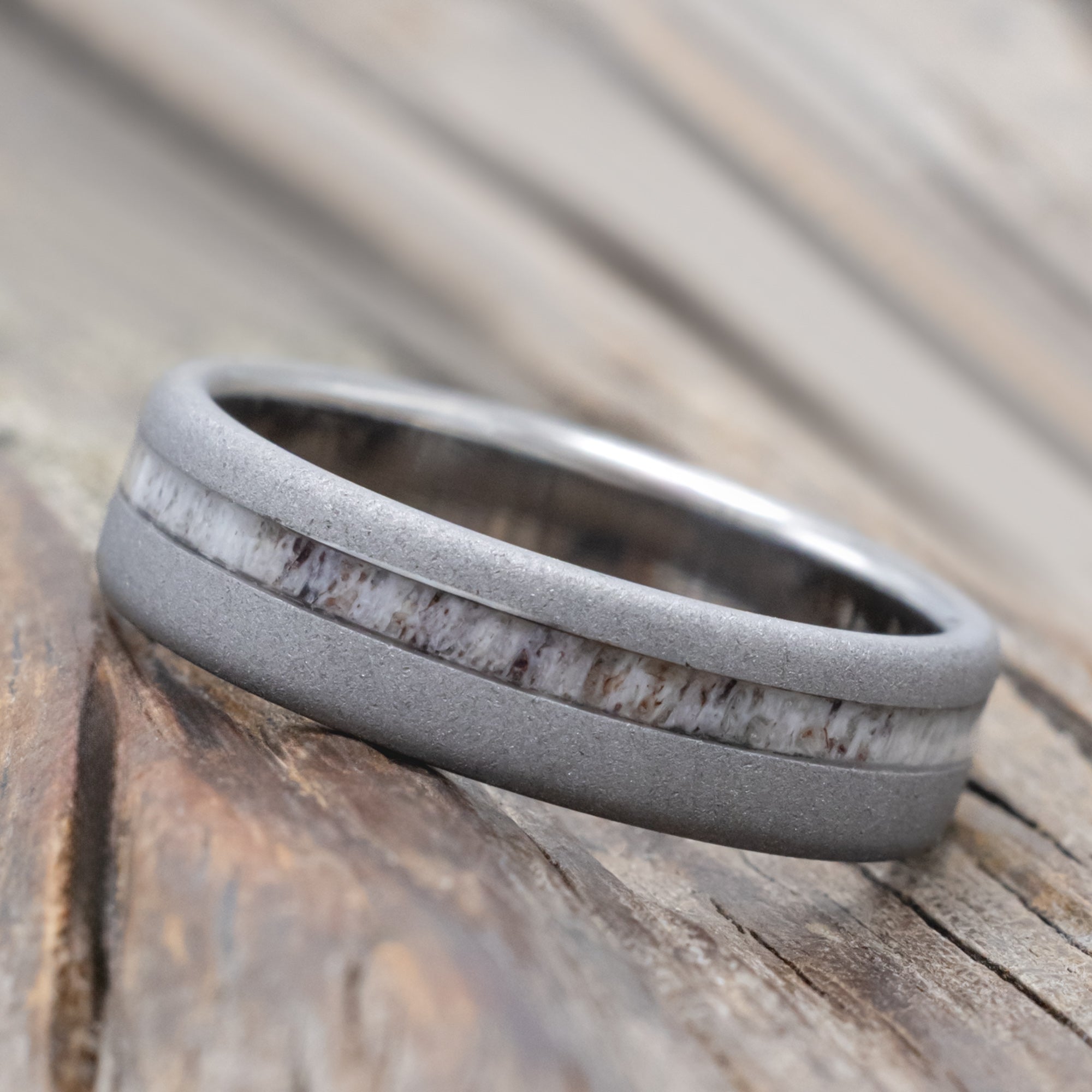 "Vertigo" - Offset Elk Antler Wedding Ring With Custom Finish-Staghead Designs