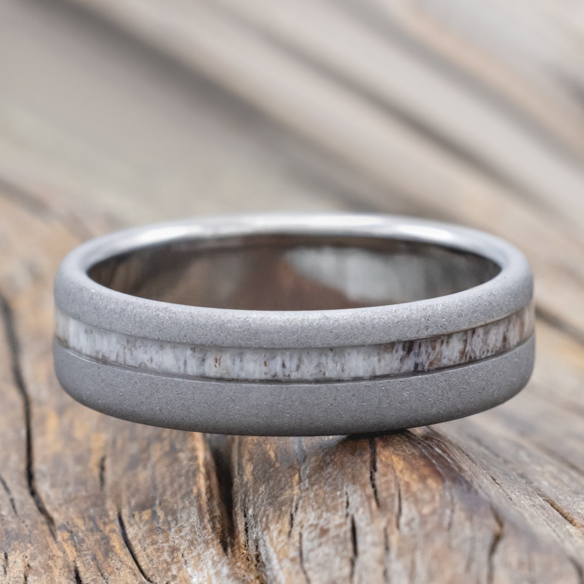 "Vertigo" - Offset Elk Antler Wedding Ring With Custom Finish-Staghead Designs