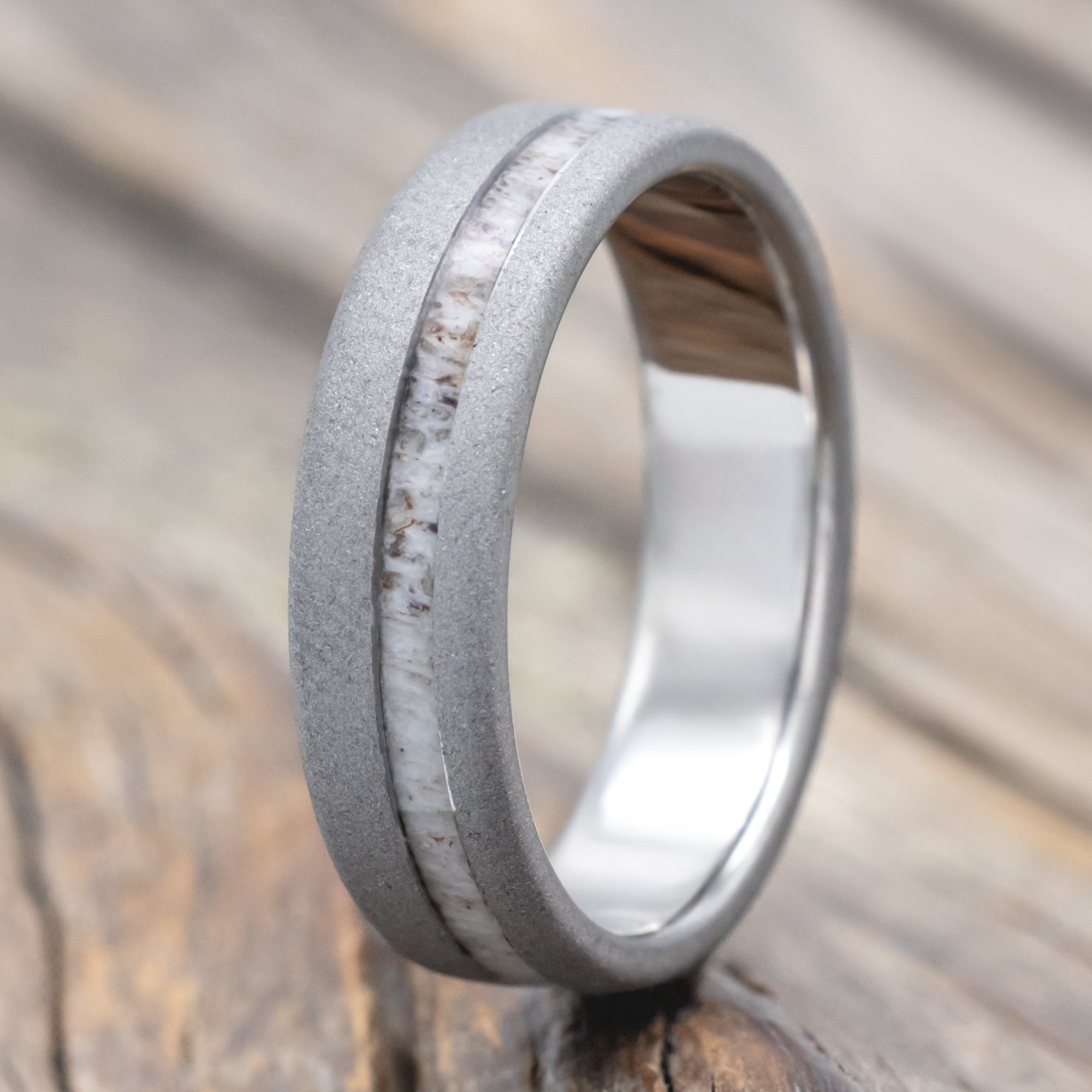 "Vertigo" - Offset Elk Antler Wedding Ring With Custom Finish-Staghead Designs