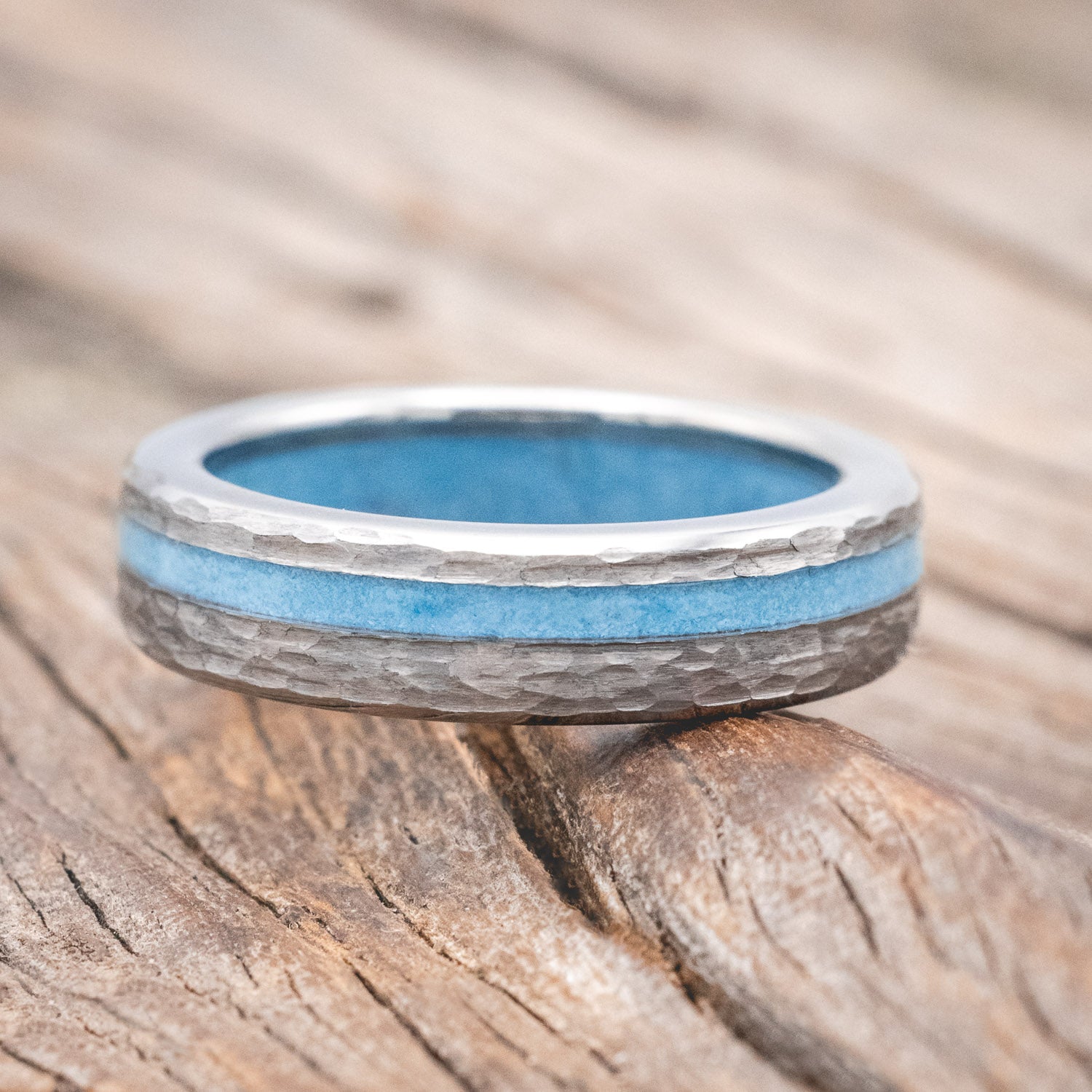 "VERTIGO" - TURQUOISE INLAY & LINED WEDDING RING WITH A HAMMERED FINISH-Staghead Designs