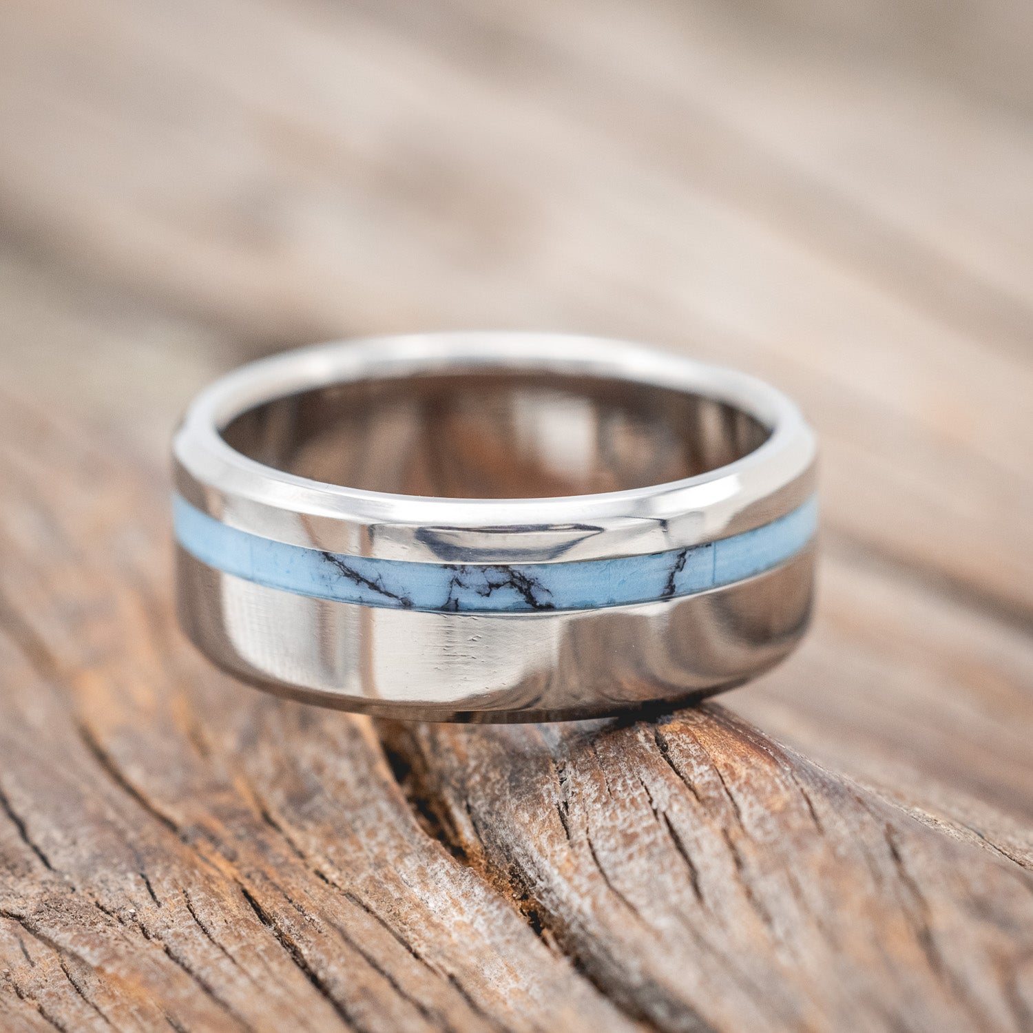 "Vertigo" - men's wedding band featuring turquoise & black matrix TruStone inlay.