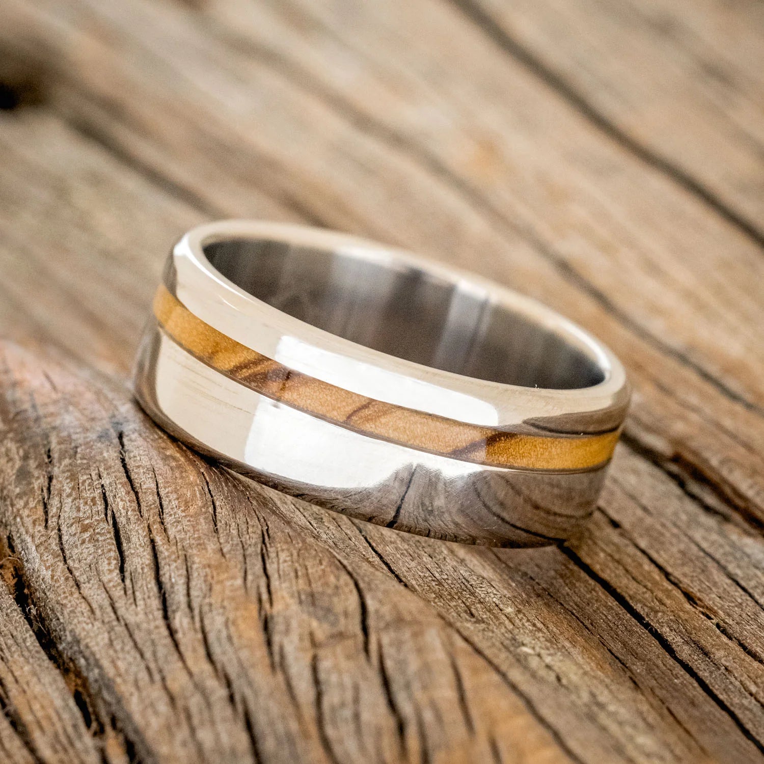 "VERTIGO" - BETHLEHEM OLIVE WOOD WEDDING BAND- TITANIUM - SIZE 7 3/4-2