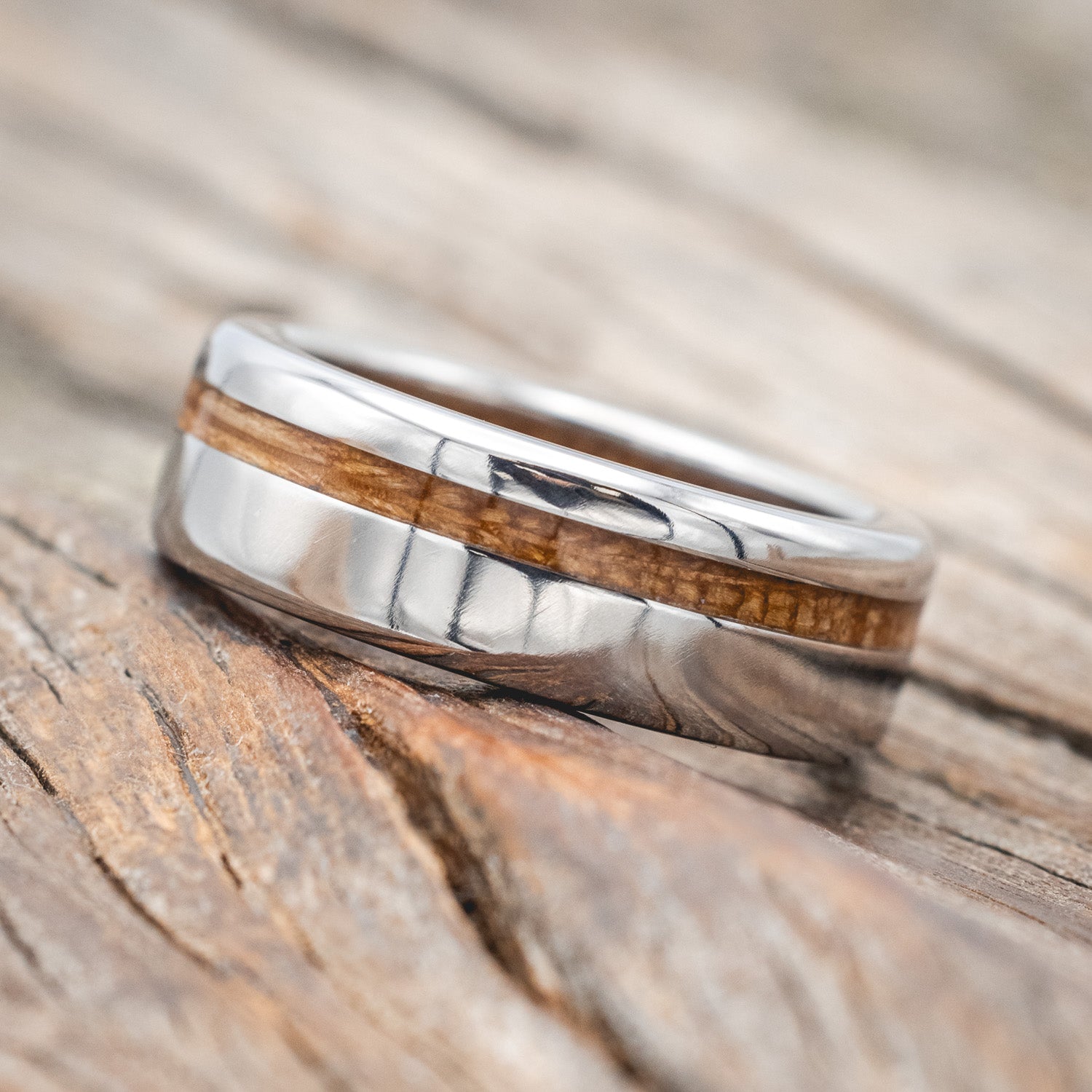 "VERTIGO" - WHISKEY BARREL OAK INLAY & LINING WEDDING RING-Staghead Designs