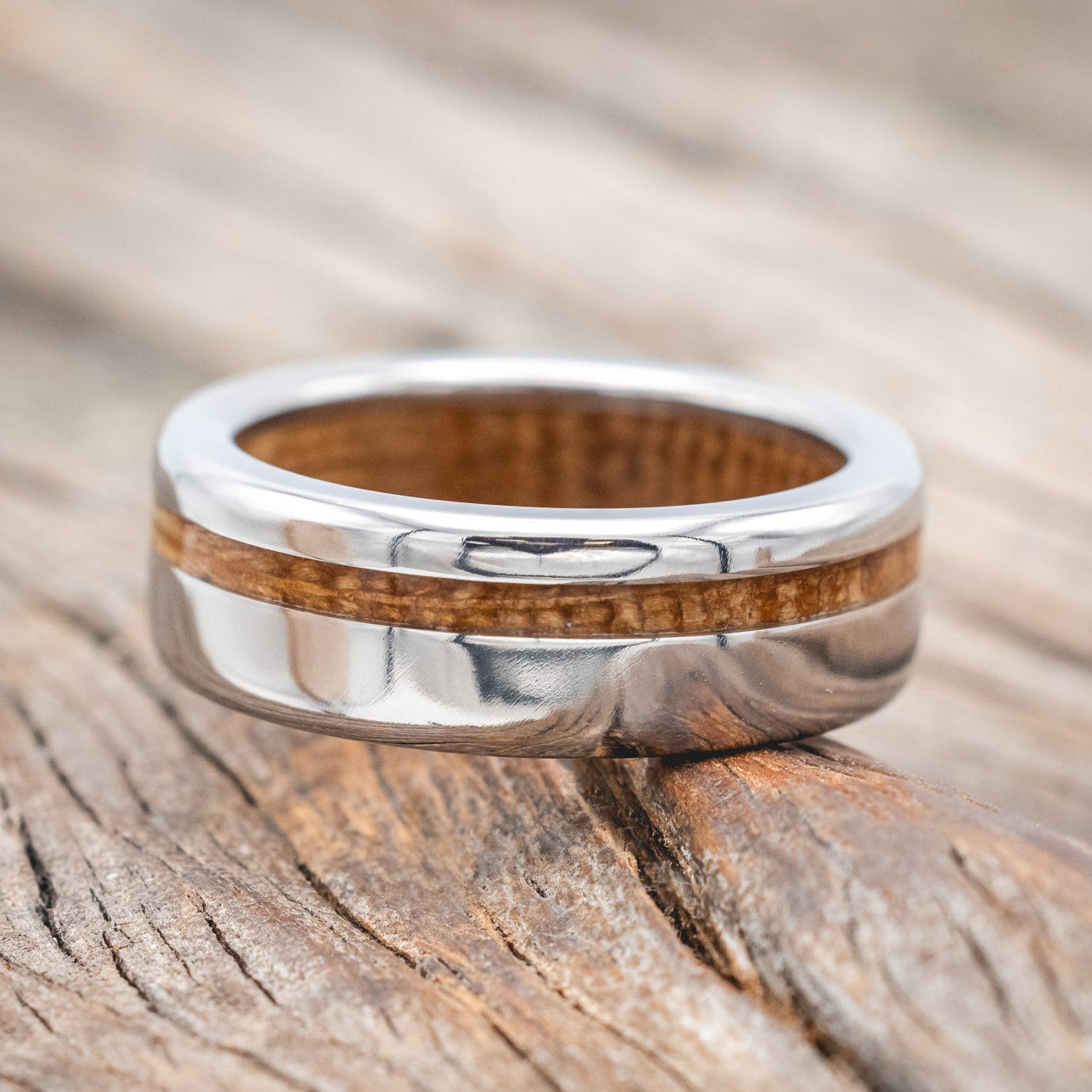 "VERTIGO" - WHISKEY BARREL OAK INLAY & LINING WEDDING RING-Staghead Designs