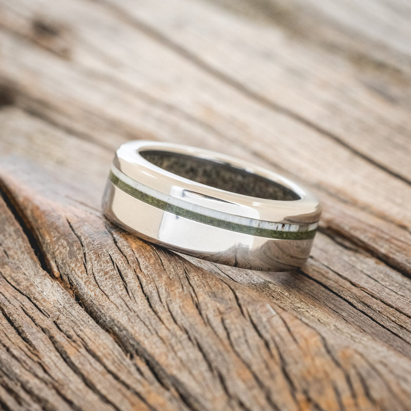 "VERTIGO" - MOSS & ANTLER INLAYS WITH SAND LINING WEDDING RING-2