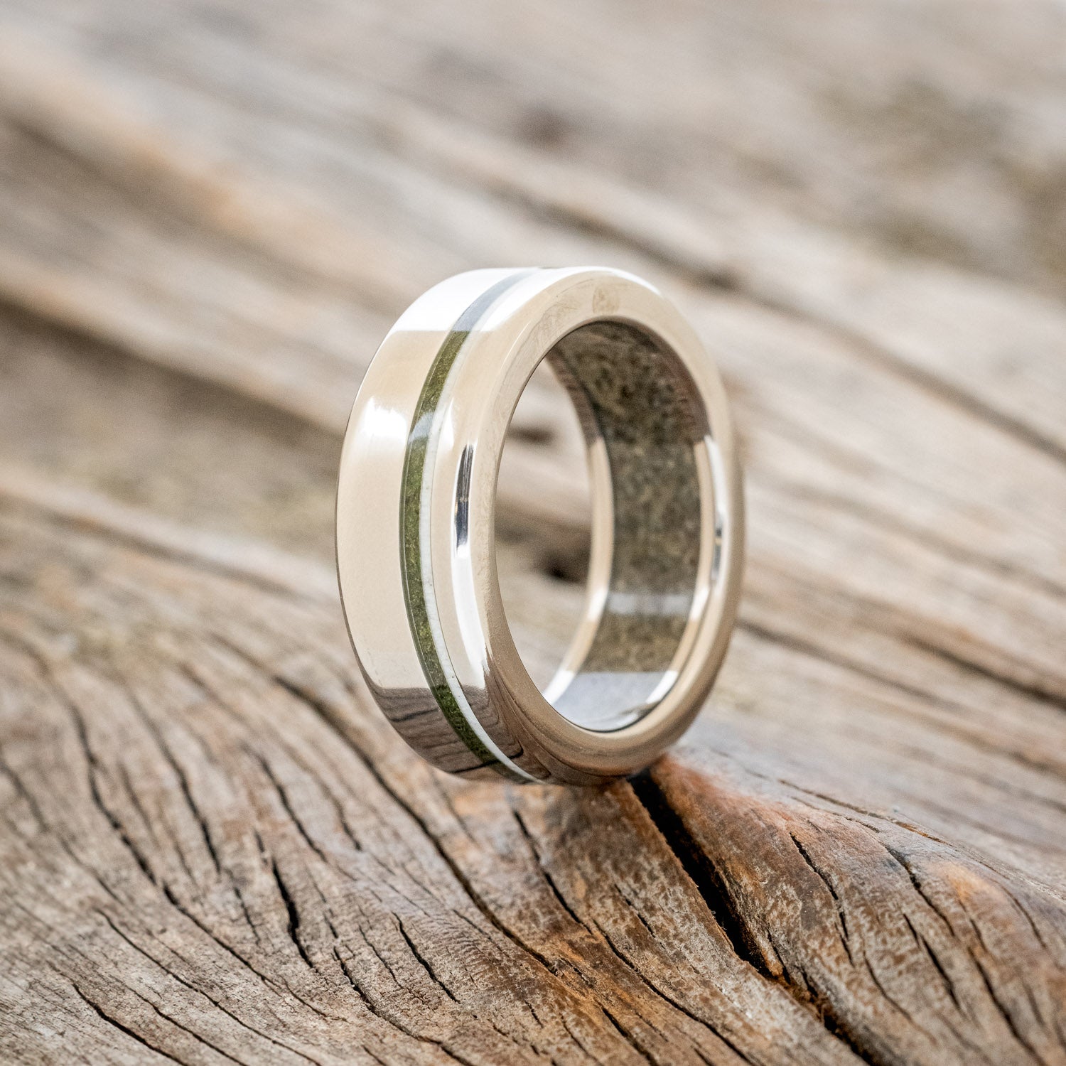 "VERTIGO" - MOSS & ANTLER INLAYS WITH SAND LINING WEDDING MATCHING SET-3