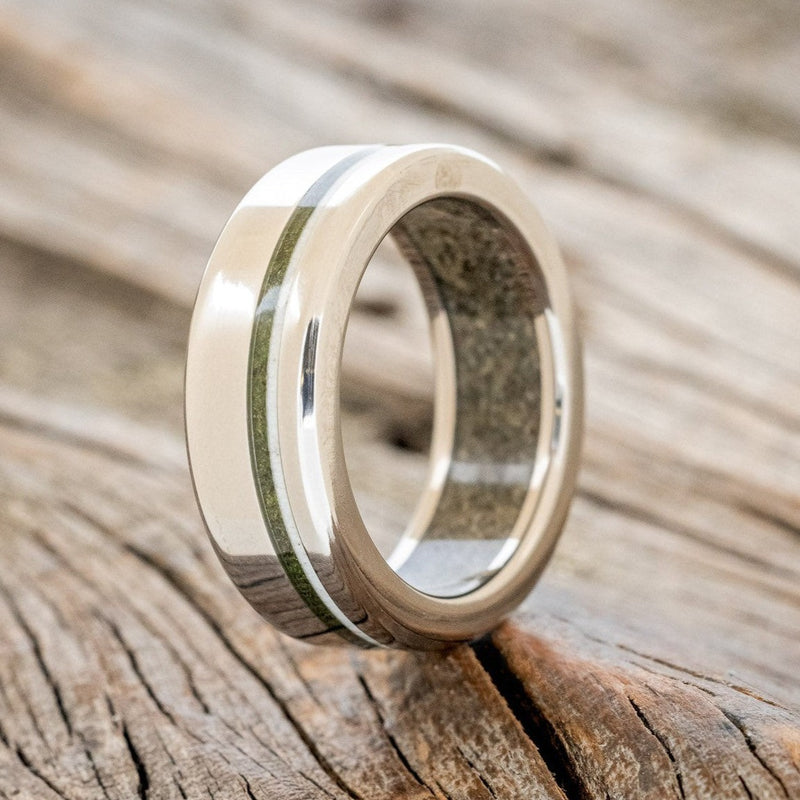 "VERTIGO" - MOSS & ANTLER INLAYS WITH SAND LINING WEDDING RING-1