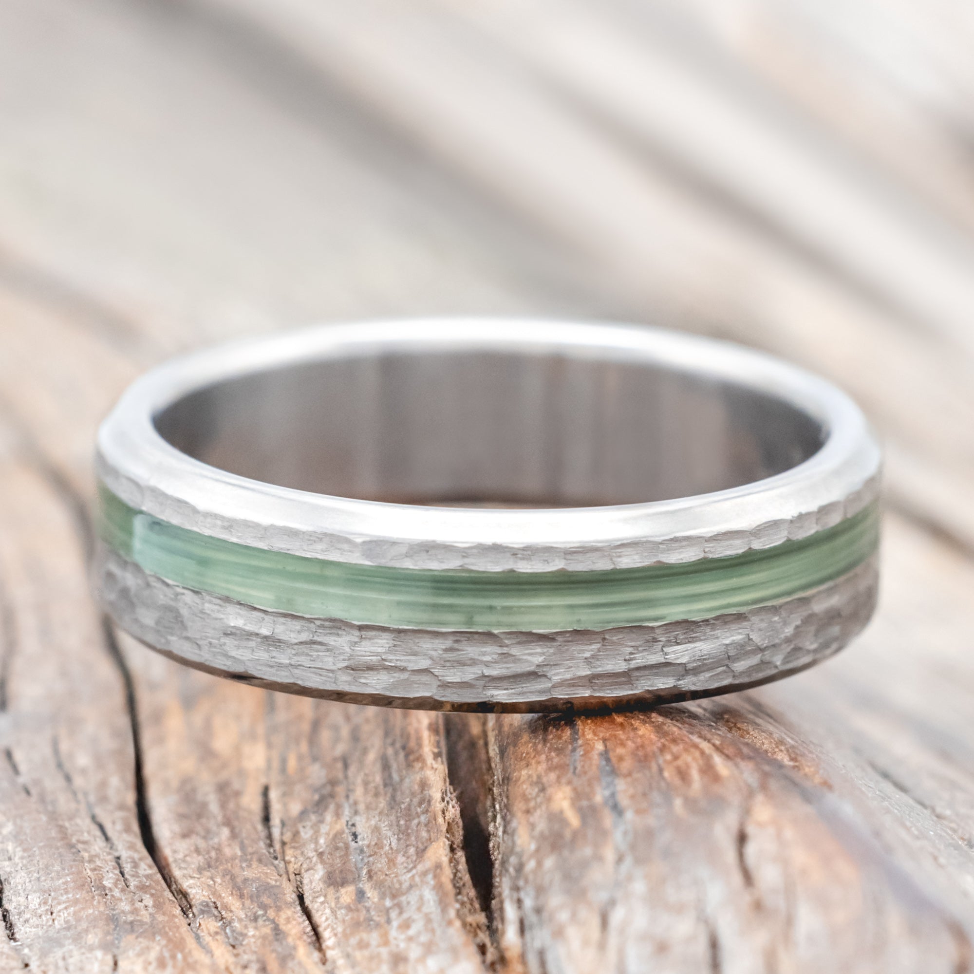 "VERTIGO" - HAMMERED WEDDING BAND WITH FISHING LINE INLAYS-Staghead Designs
