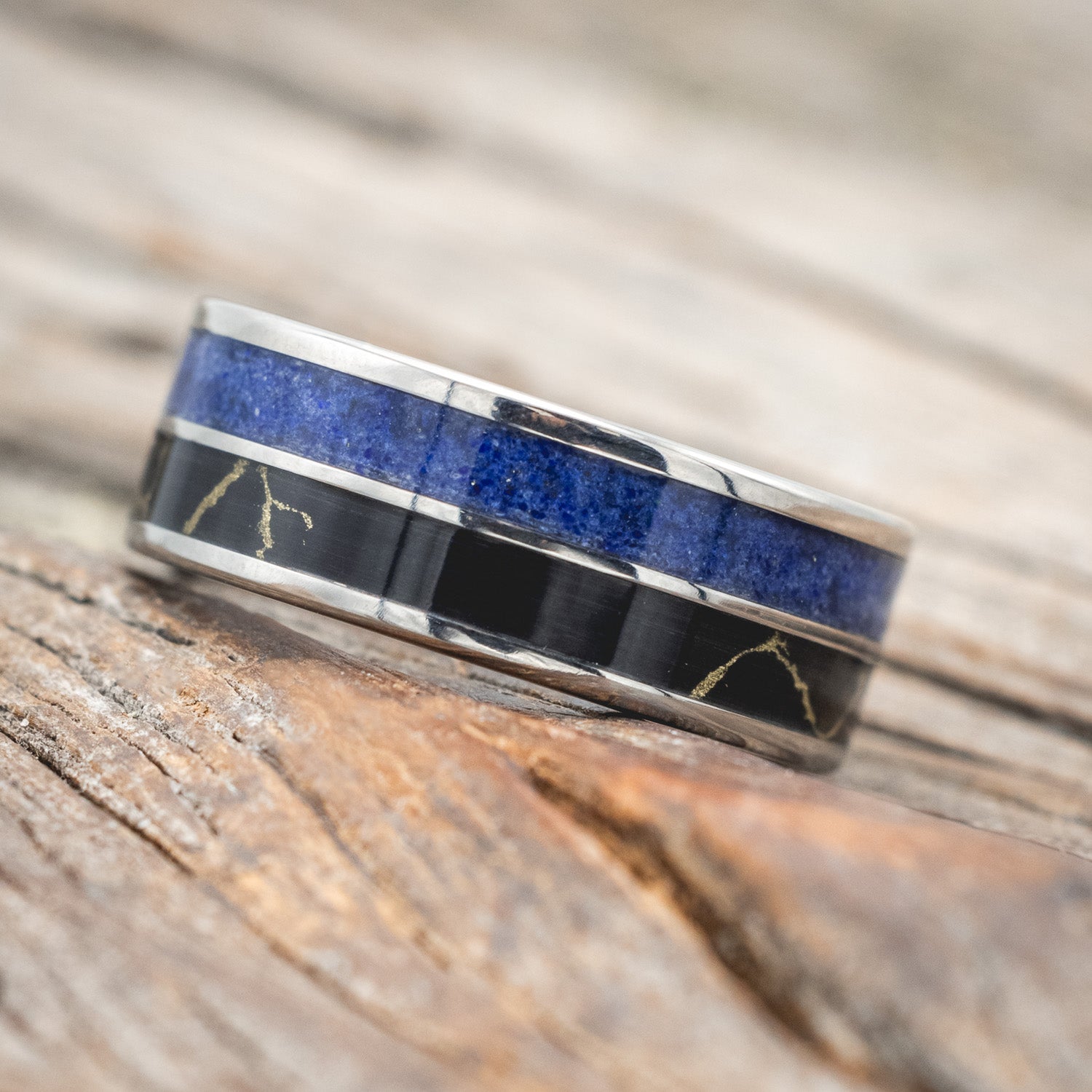 "DYAD" - LAPIS LAZULI WITH BLACK & GOLD MATRIX TRUSTONE WEDDING BAND-Staghead Designs