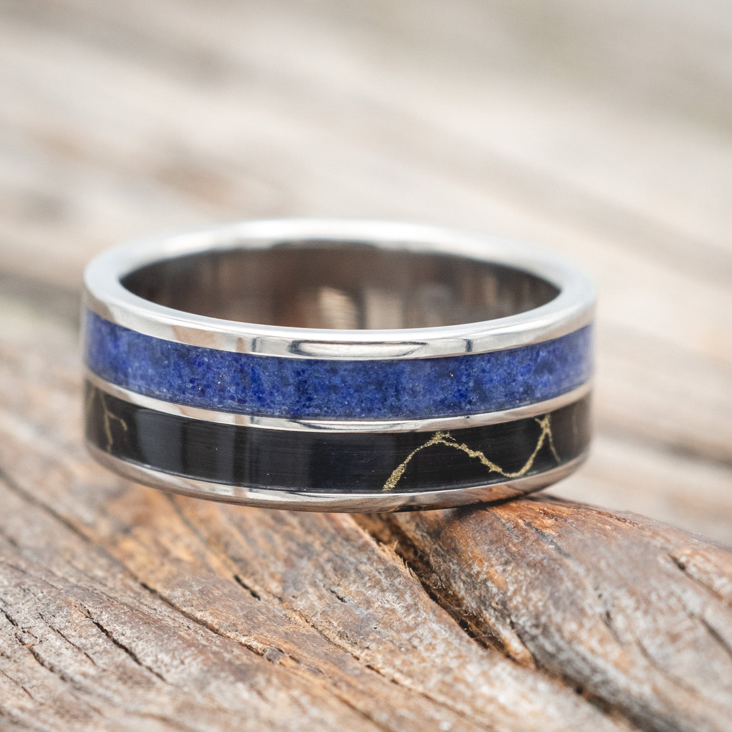 "DYAD" - LAPIS LAZULI WITH BLACK & GOLD MATRIX TRUSTONE WEDDING BAND-Staghead Designs
