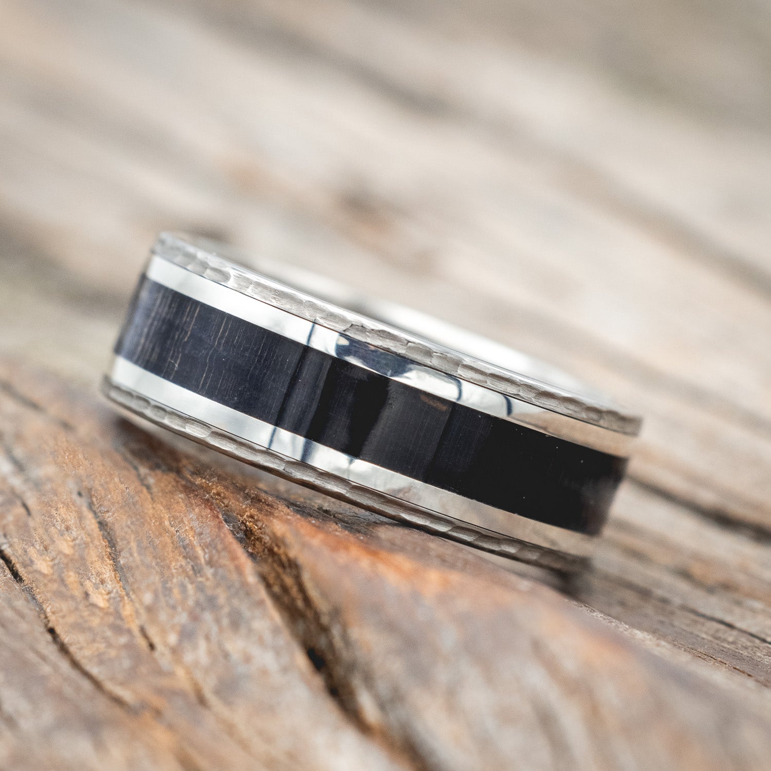 "HOLLIS" - DARK MAPLE WOOD & SILVER INLAYS WEDDING RING FEATURING A HAMMERED FINISH-Staghead Designs
