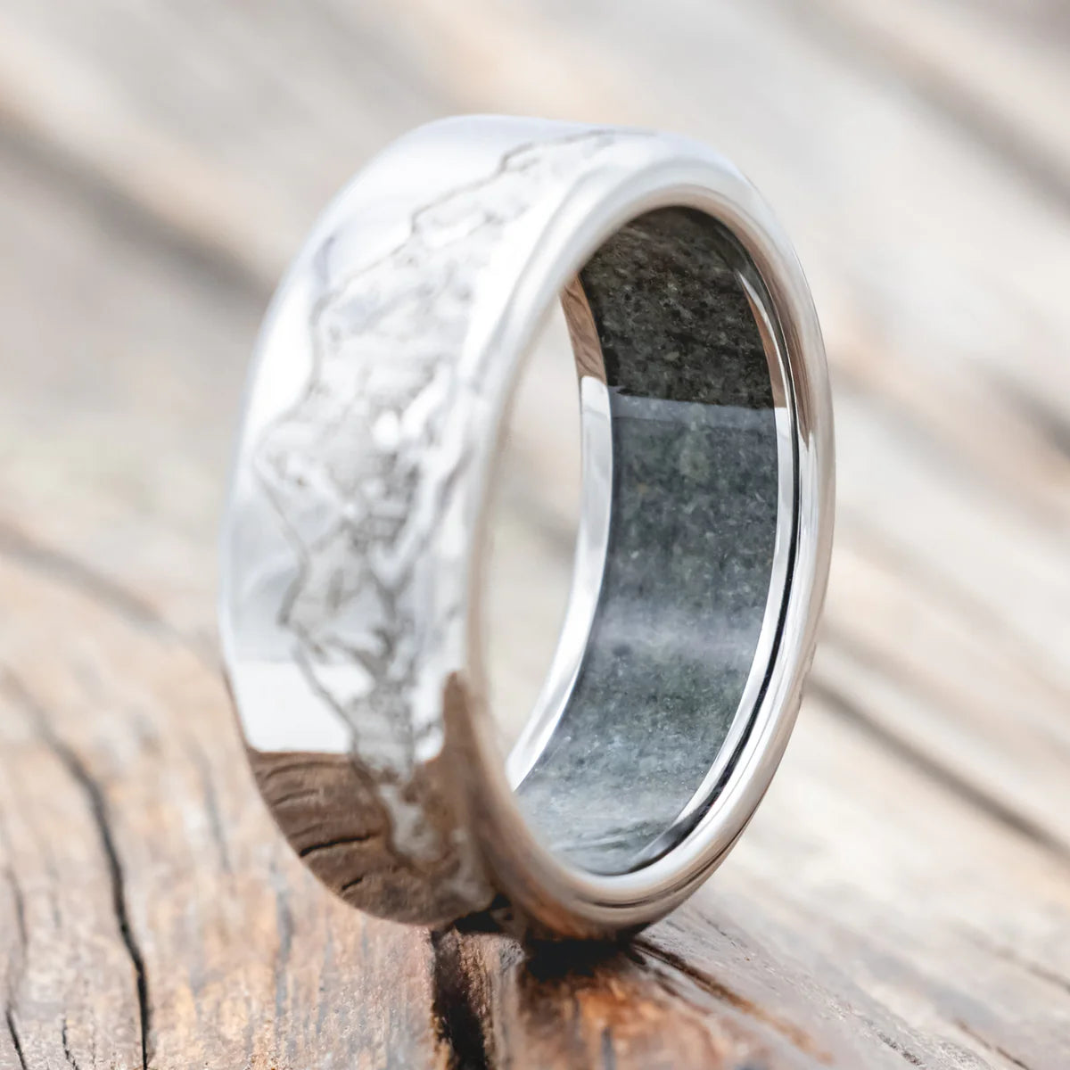 "Horizon" - Mountain Engraved Wedding Band with Moss Agate Lining - Titanium (8mm) - Size 8 1/4
