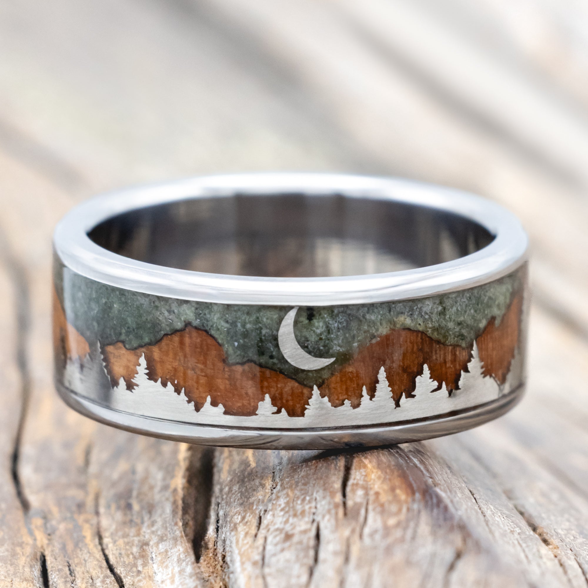 "ORION" - MOSS AGATE & REDWOOD MOUNTAIN RANGE WEDDING BAND WITH 14K GOLD TREE & CRESCENT MOON ACCENTS-Staghead Designs