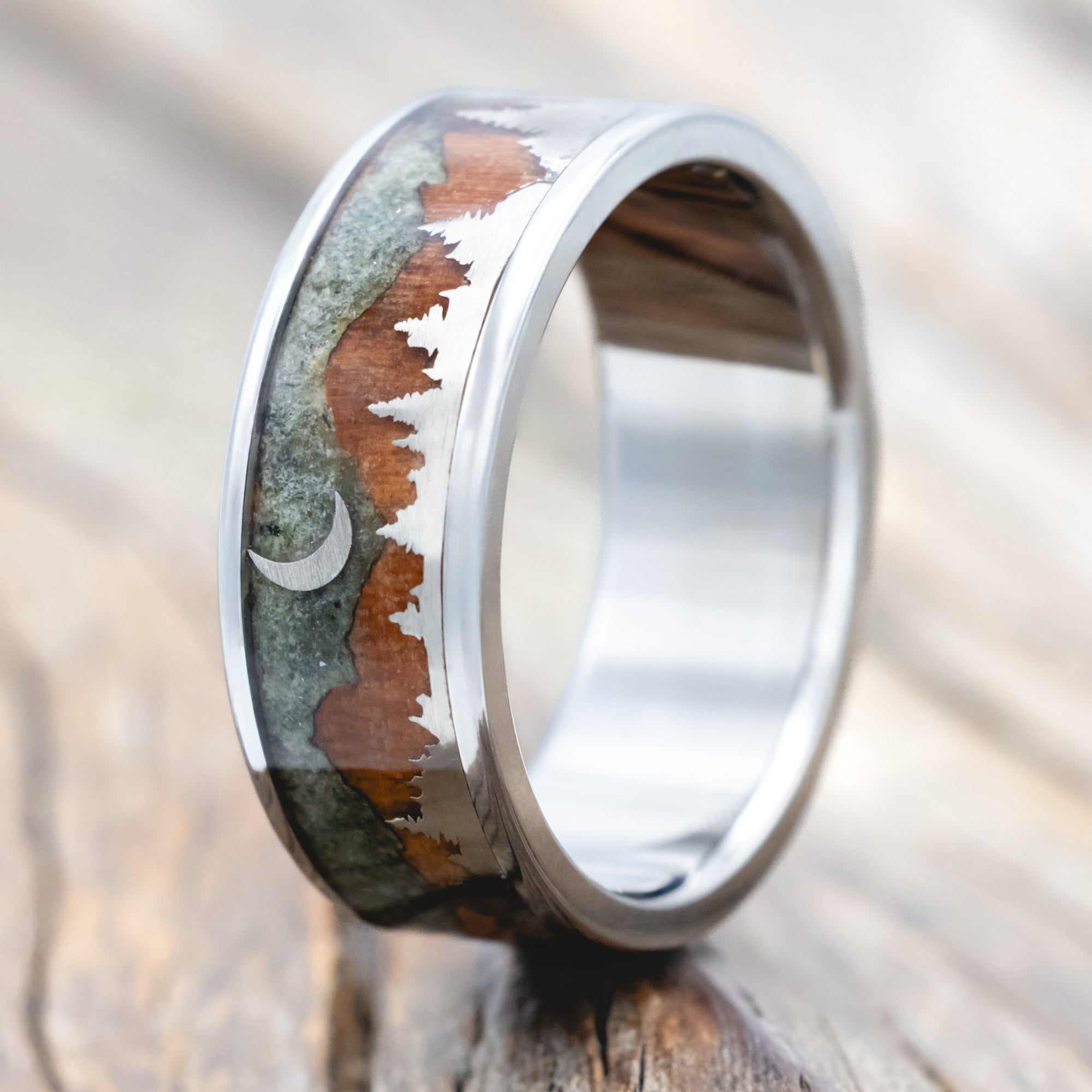 "ORION" - MOSS AGATE & REDWOOD MOUNTAIN RANGE WEDDING BAND WITH 14K GOLD TREE & CRESCENT MOON ACCENTS-Staghead Designs