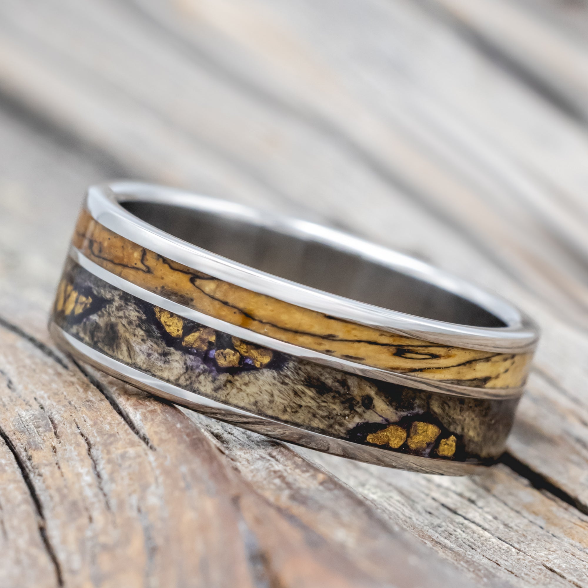 "Raptor" - Alaskan Panned Gold Nuggets Set In Buckeye Burl & Spalted Maple Wood Wedding Ring-Staghead Designs