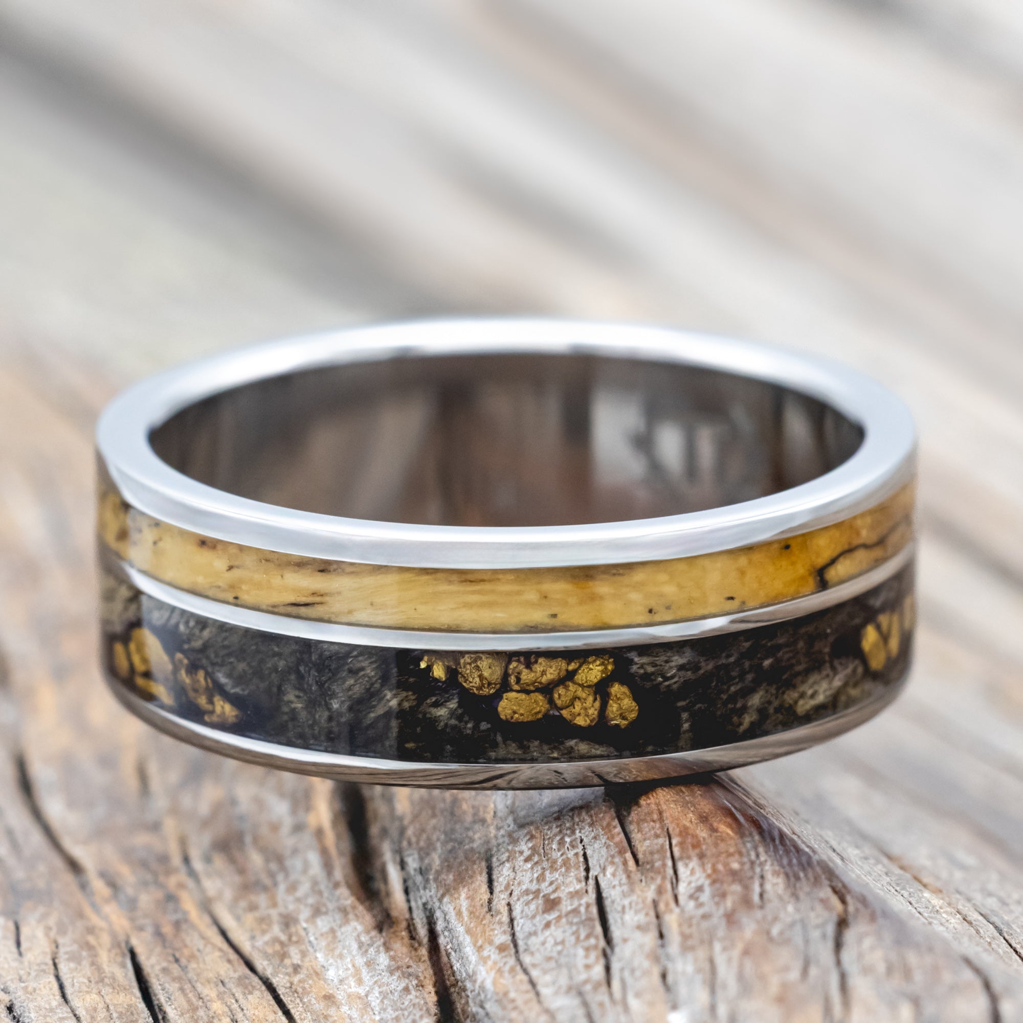 "Raptor" - Alaskan Panned Gold Nuggets Set In Buckeye Burl & Spalted Maple Wood Wedding Ring-Staghead Designs
