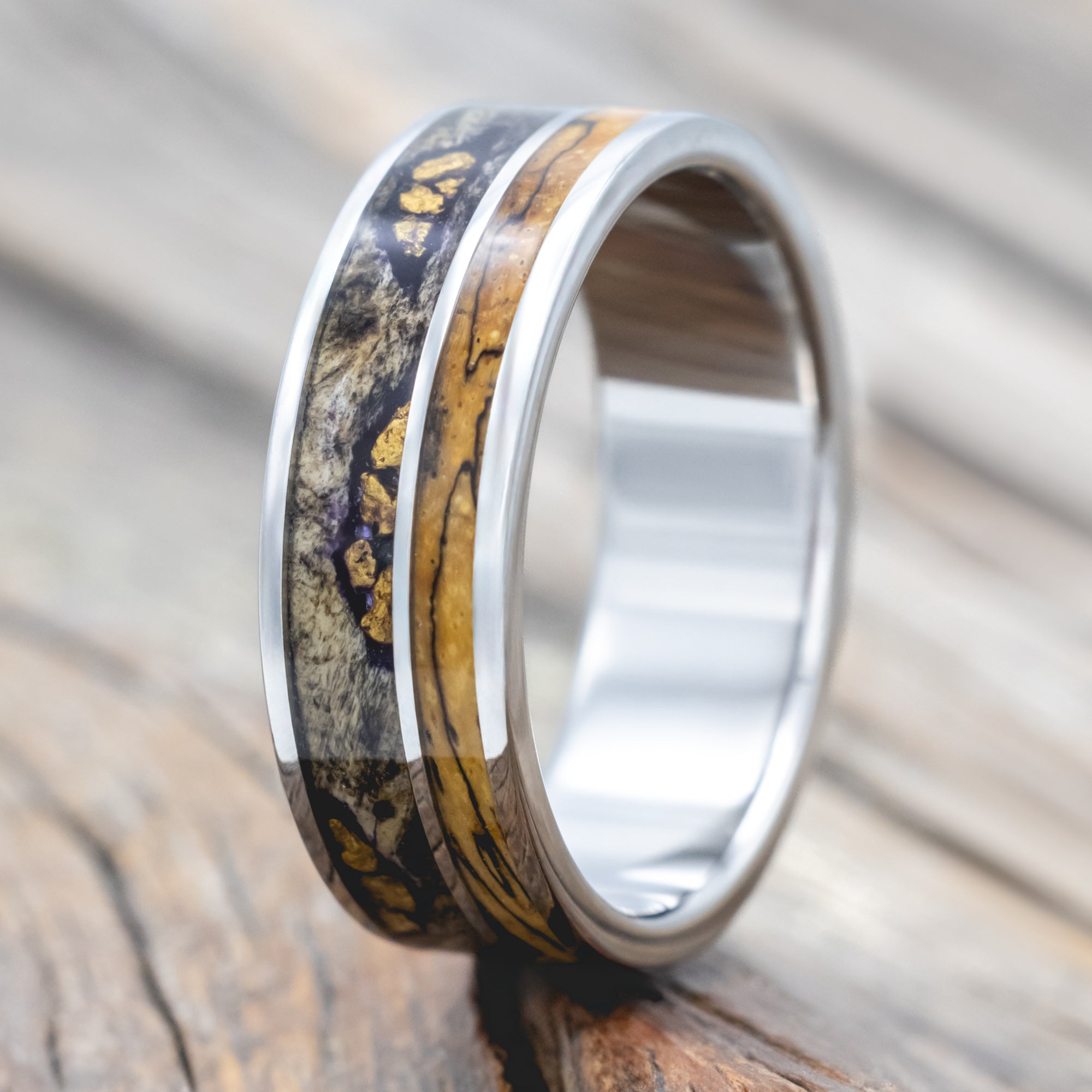 "Raptor" - Alaskan Panned Gold Nuggets Set In Buckeye Burl & Spalted Maple Wood Wedding Ring-Staghead Designs