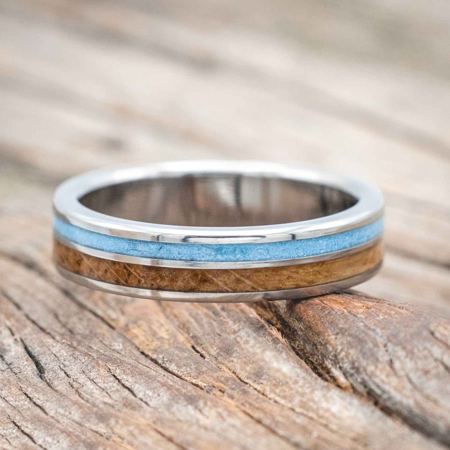"RAPTOR" - WHISKEY BARREL OAK & TURQUOISE WEDDING BAND-Staghead Designs