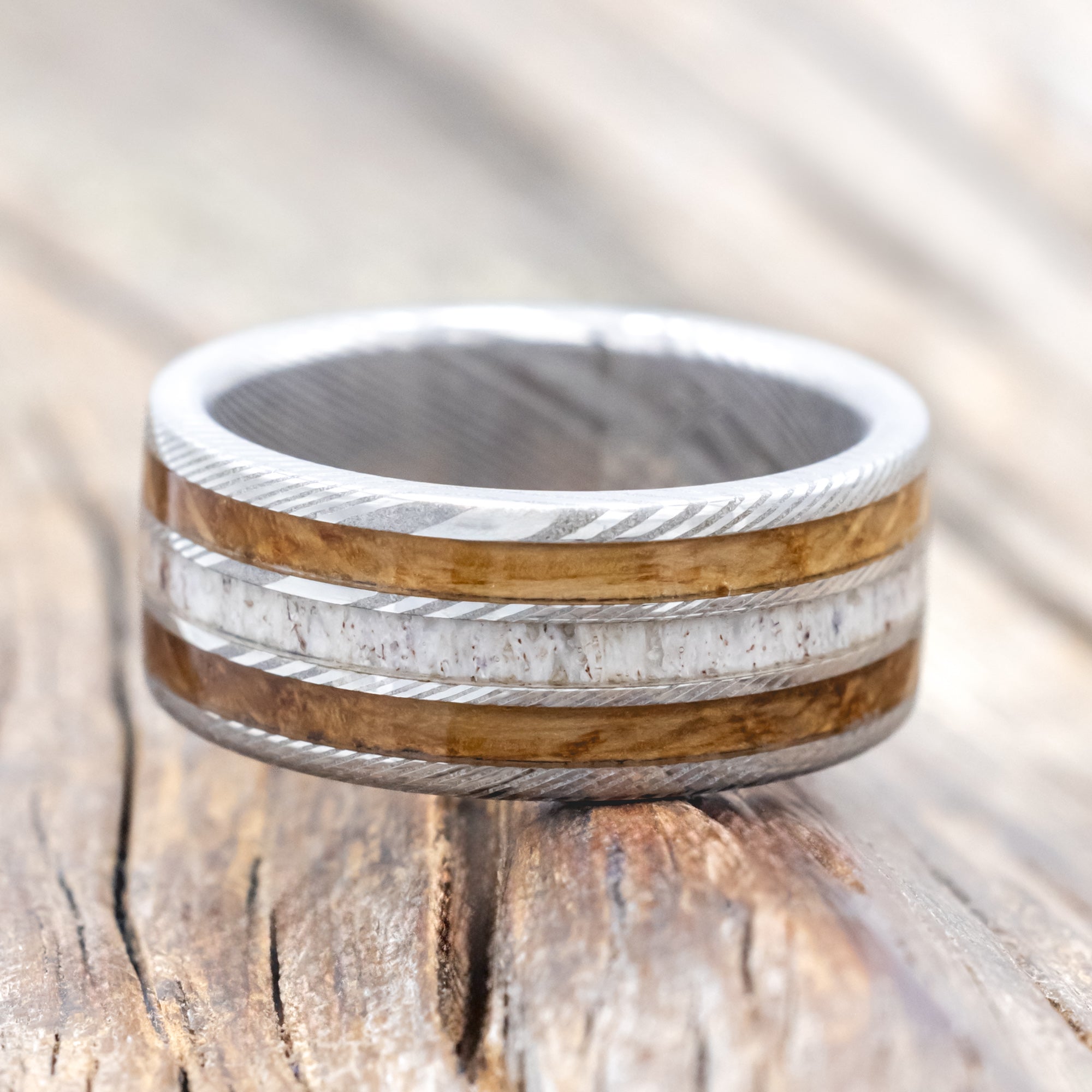 "Rio" - Whiskey Barrel Oak & Antler Wedding Ring - Damascus Steel (8mm) - Size 6 3/4-Staghead Designs