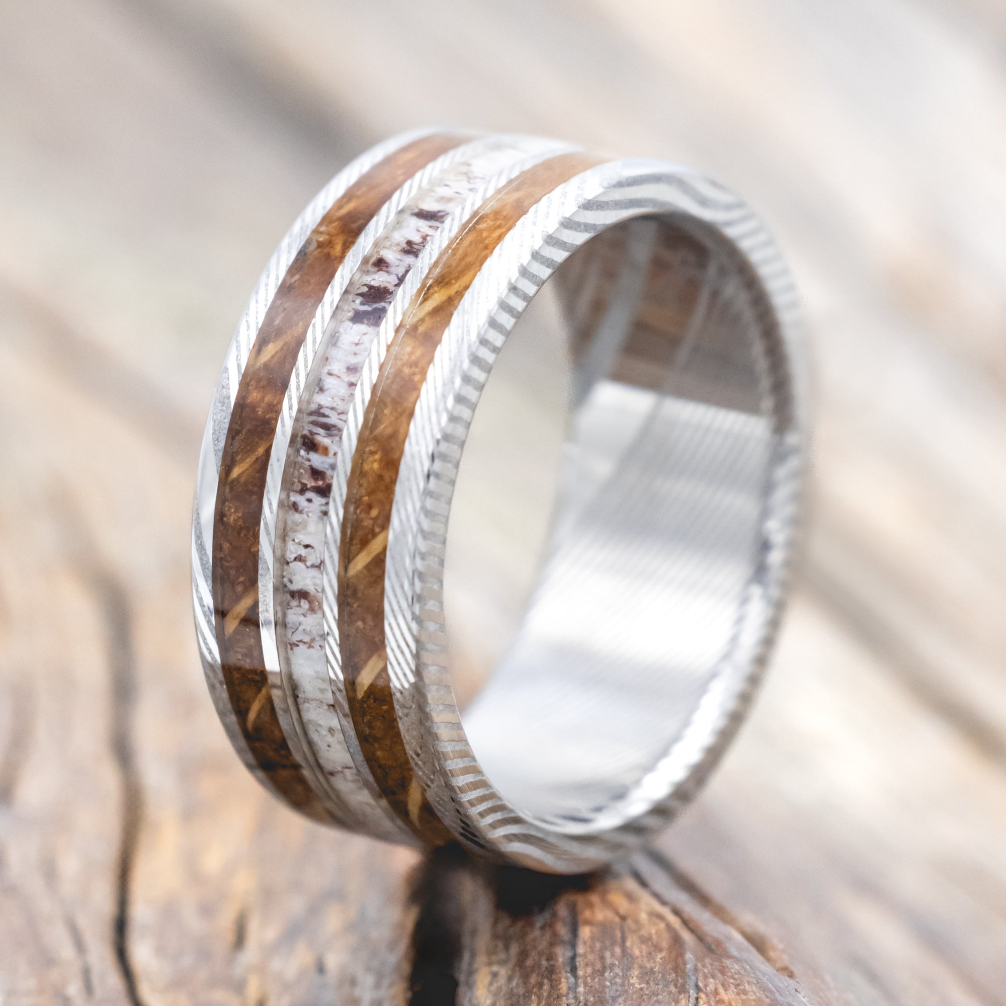 "Rio" - Whiskey Barrel Oak & Antler Wedding Ring - Damascus Steel (8mm) - Size 6 3/4-Staghead Designs