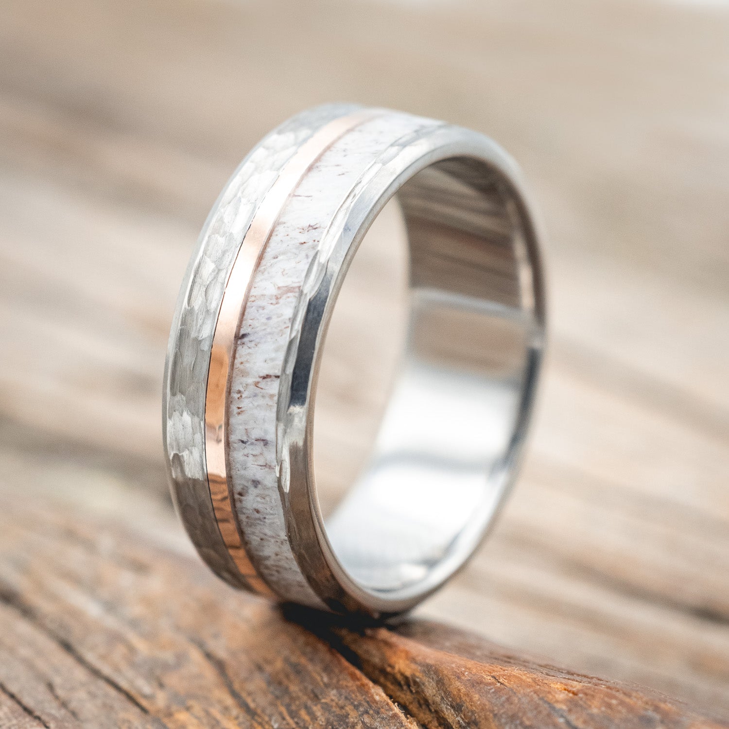 "TANNER" - ANTLER & 14K GOLD INLAY WEDDING RING IN A HAMMERED FINISH-Staghead Designs